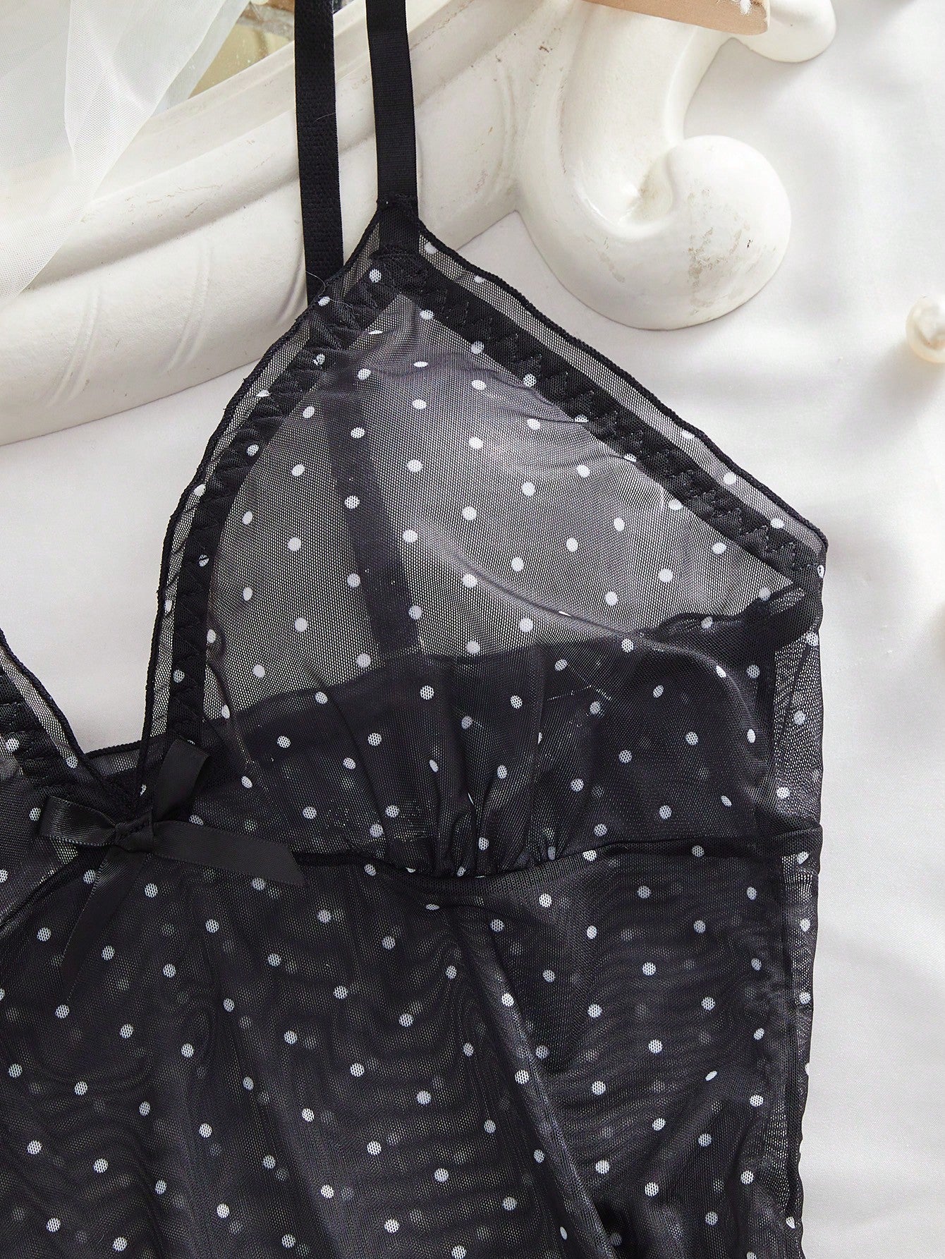 2pcs Polka Dot Nightgown Sexy Women Sheer Mesh Lingerie Chemise Slip Dress Set (With Panty)