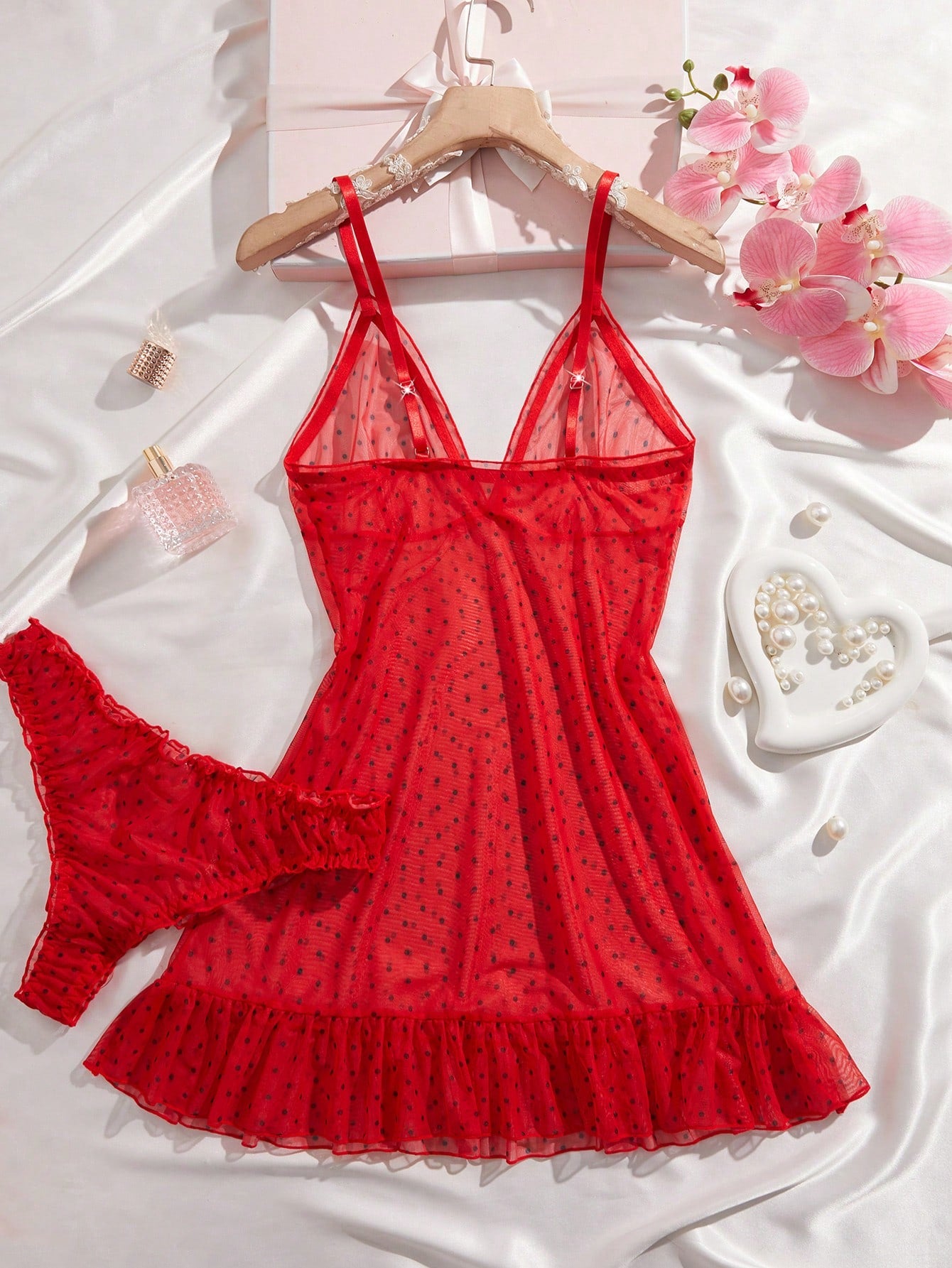 2pcs Polka Dot Nightgown Sexy Women Sheer Mesh Lingerie Chemise Slip Dress Set (With Panty)