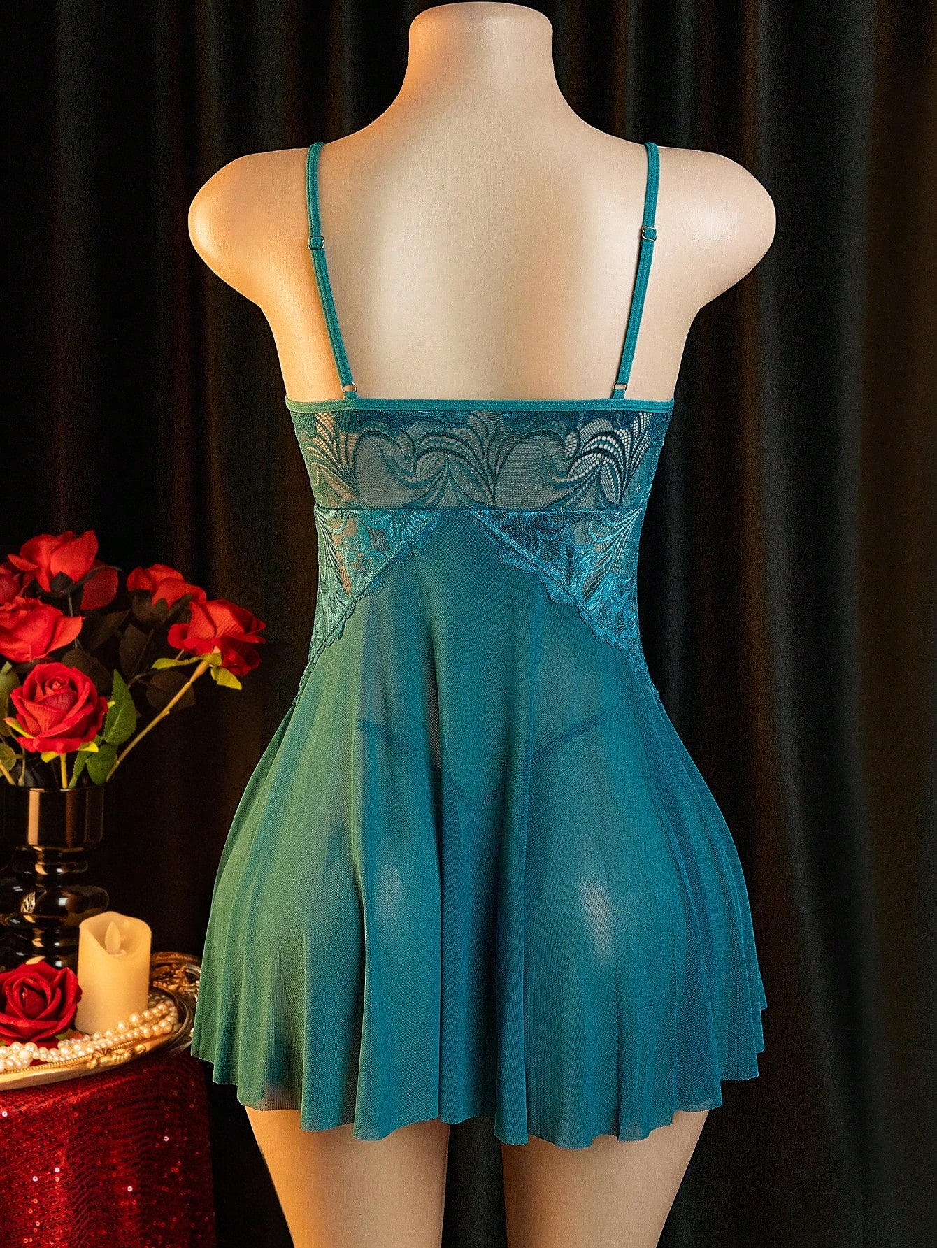 Sexy Lingerie, Sheer Lace Nightgown, 2 Pieces Set: Dress + G-String, Women's Dress And Sexy Lingerie Set