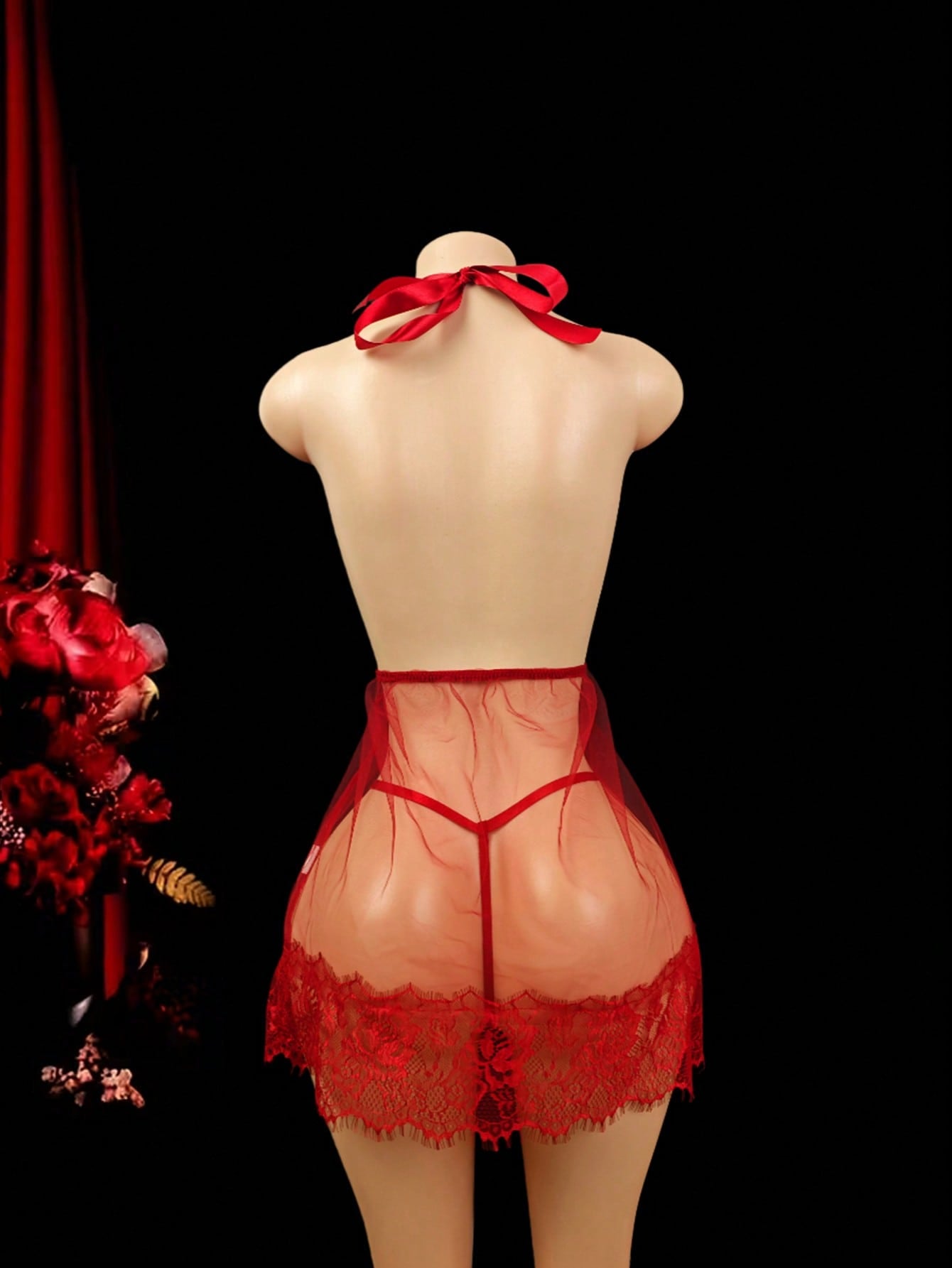 Sheer floral lace halter babydoll lingerie dress with adjustable straps and a matching thong in a 2-piece set.