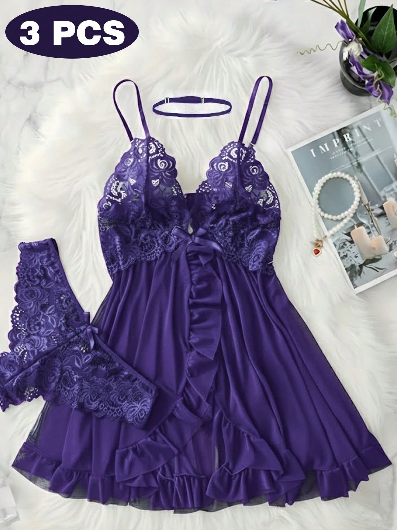 3pcs/Set Women Sexy Deep V Lace Lotus Lingerie Set, Versatile Sexy Sleepwear For Bedroom, Bathroom, Party