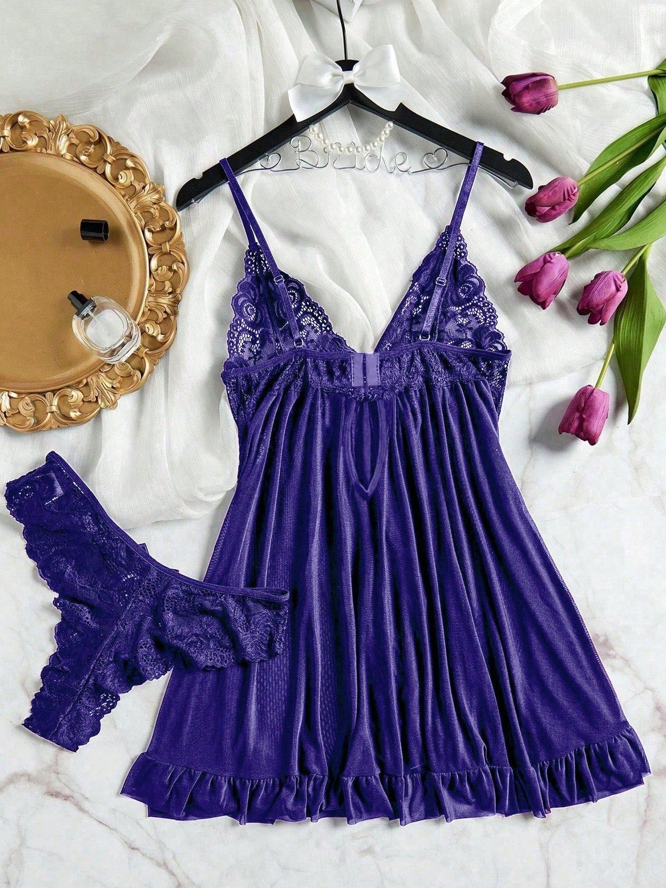 3pcs/Set Women Sexy Deep V Lace Lotus Lingerie Set, Versatile Sexy Sleepwear For Bedroom, Bathroom, Party