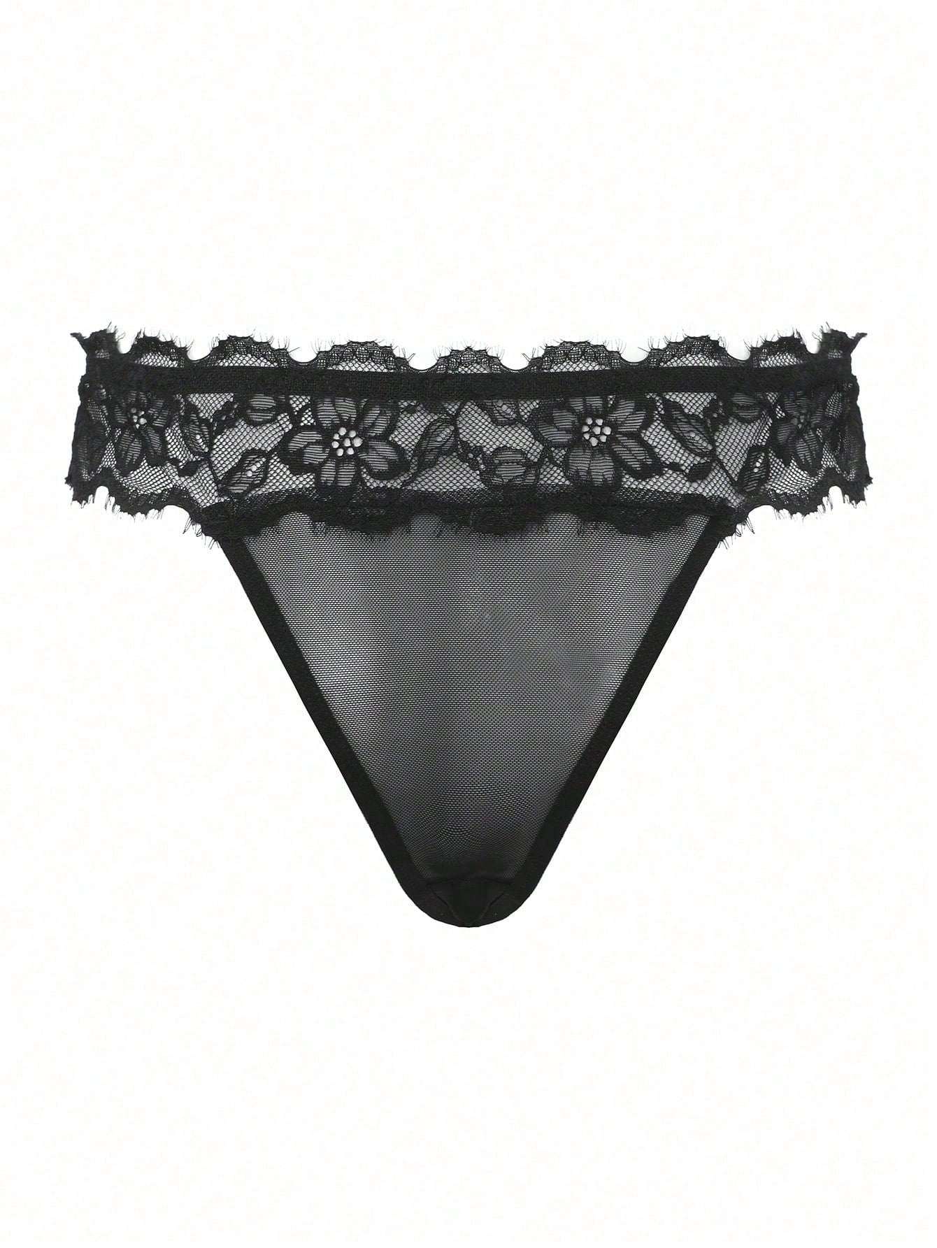 Women's low-rise lace mesh trim thong panties with sheer detailing, bow and knot accents, and plant pattern