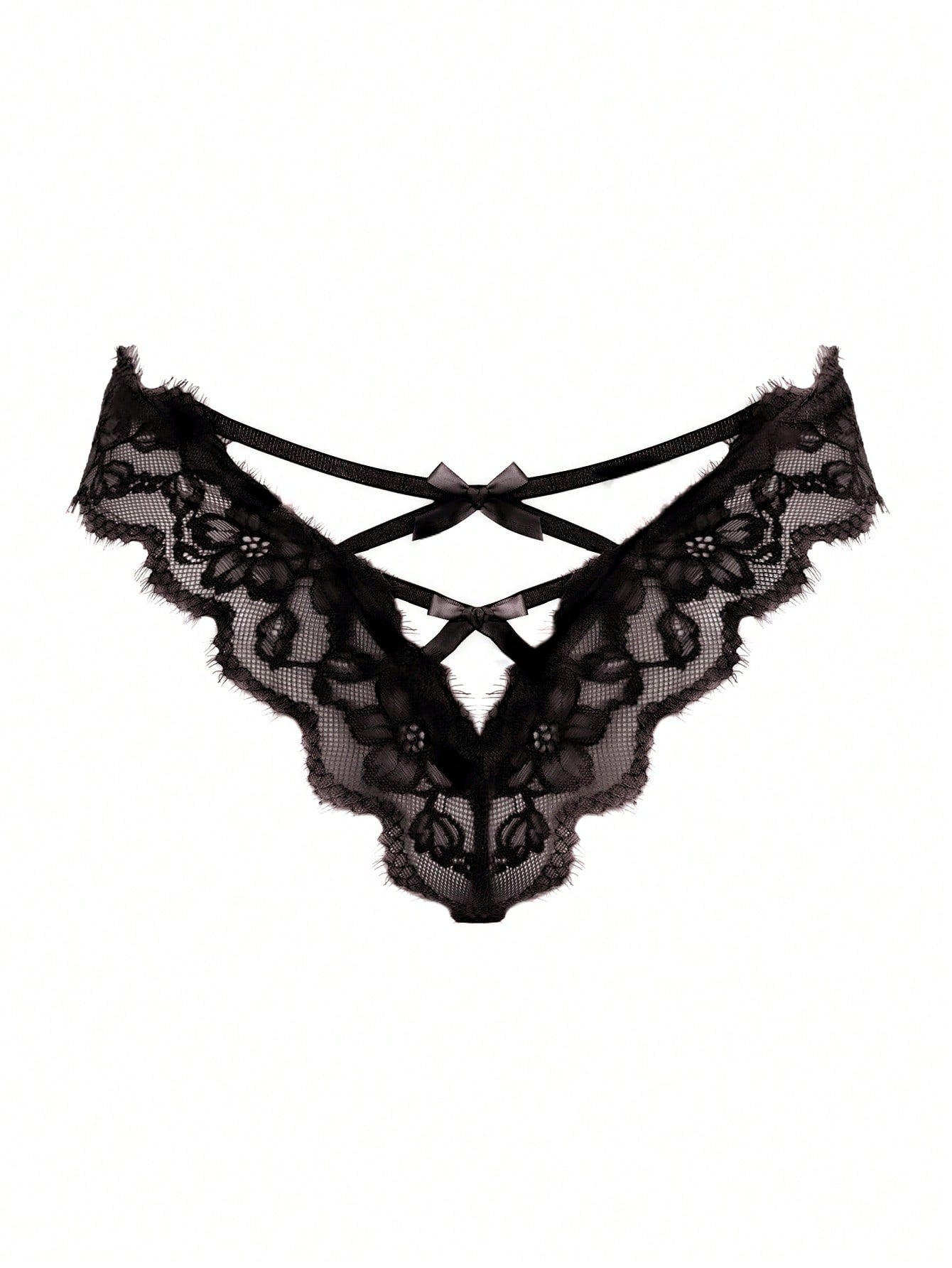 Women's low-rise lace mesh trim thong panties with sheer detailing, bow and knot accents, and plant pattern