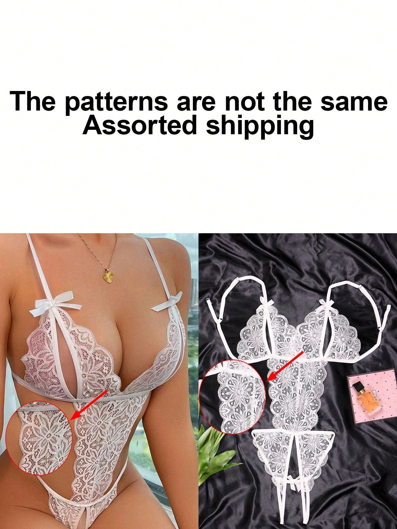 1-piece women’s lace bodysuit featuring an open crotch design, backless cut, exposed bust, underwire 1/2 cup bralette, adjustable spaghetti straps, thong back, and a body-shaping fit.