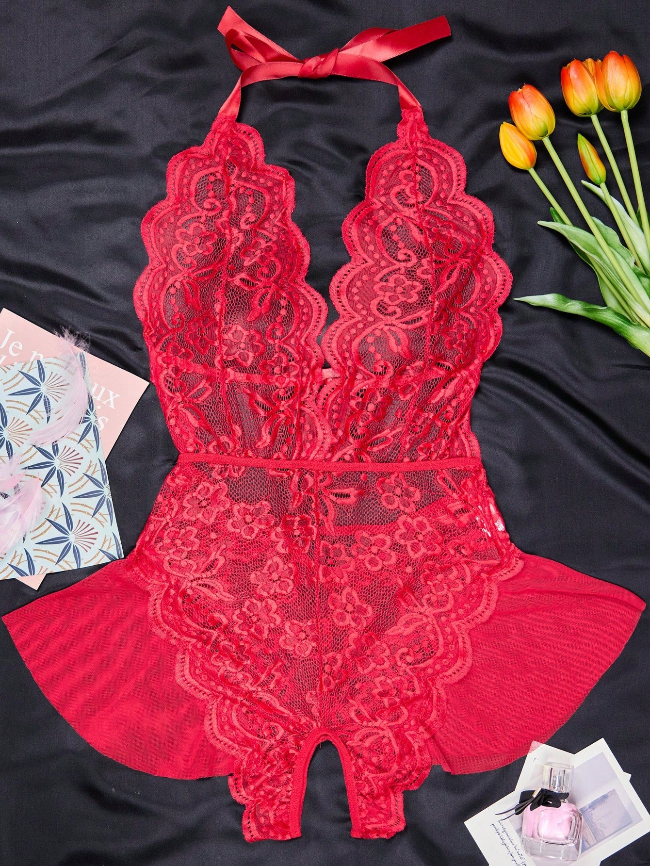 1pc Women's Sexy Lingerie, Purple Lace Mesh See-Through Crotchless Bodysuit