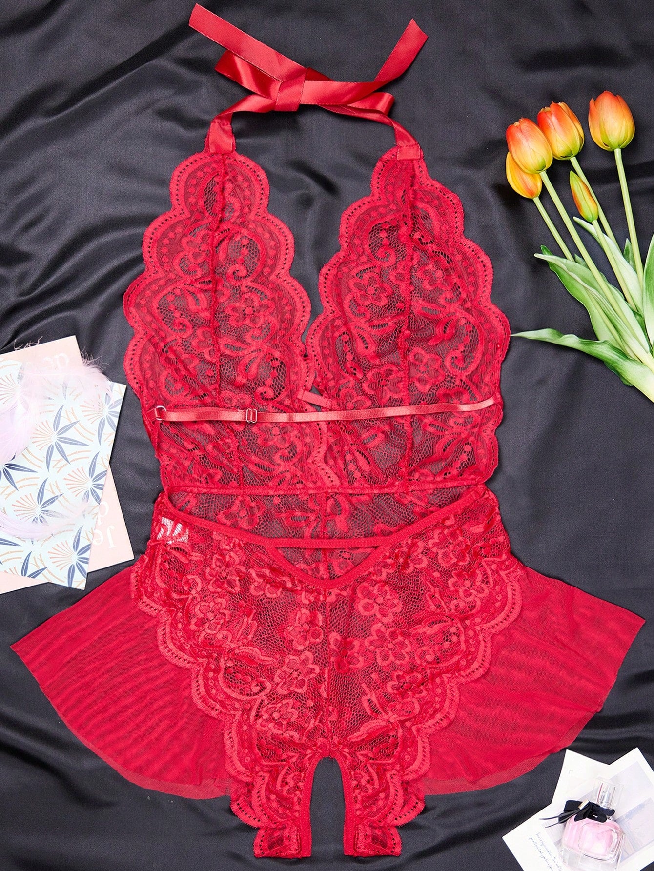 1pc Women's Sexy Lingerie, Purple Lace Mesh See-Through Crotchless Bodysuit