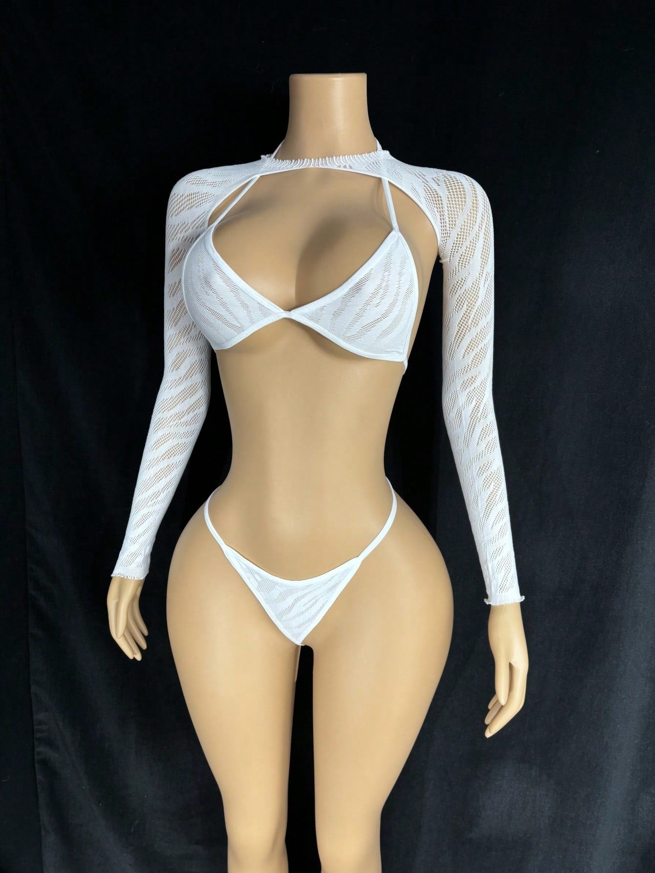 3pcs Women's Solid Color Long Sleeve Sheer Sexy Mesh Camisole Set, Summer Wedding Sexy Sets For Women Long Sleeve Lingerie Set
