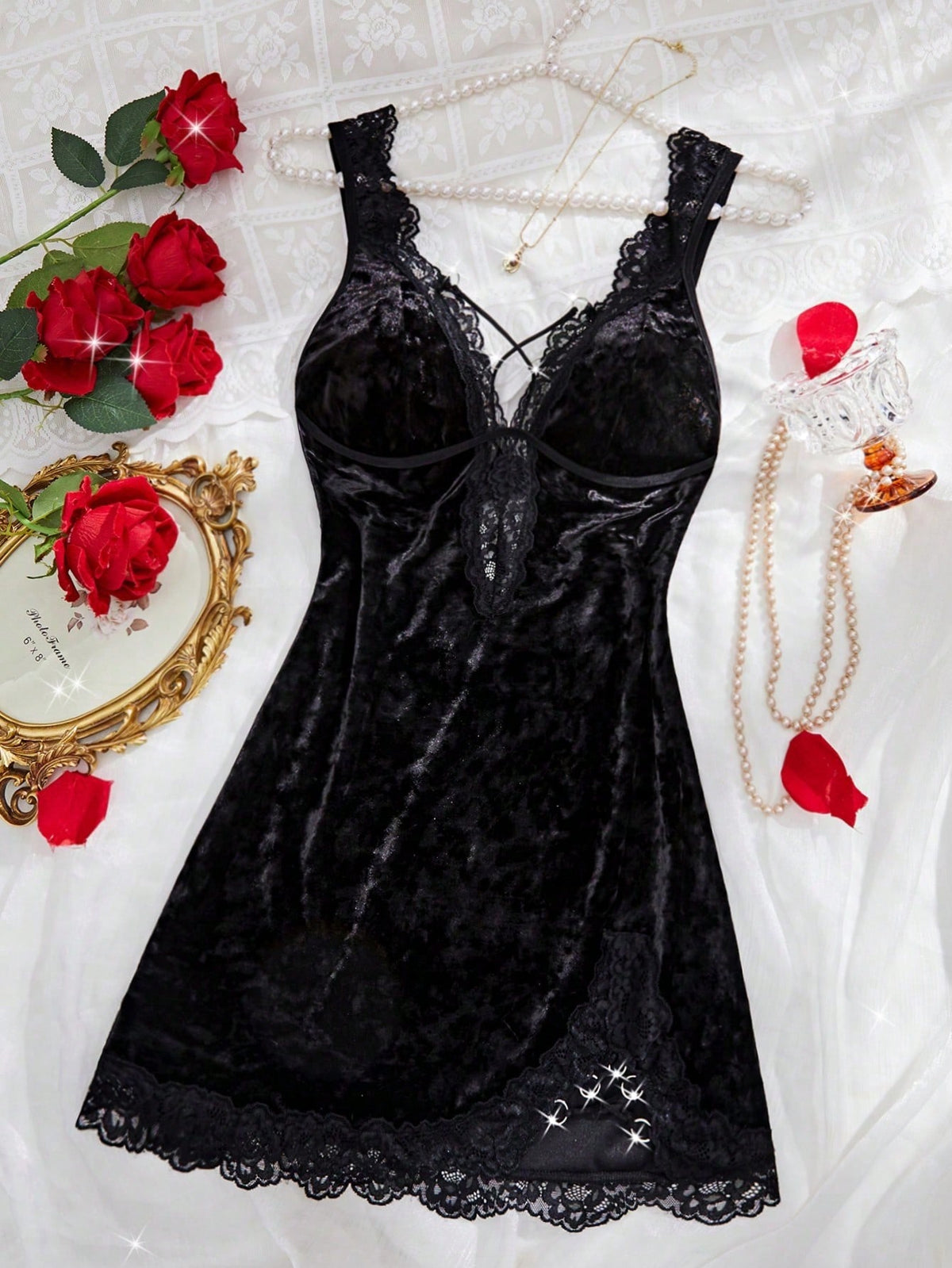 Solid Color Lace Sexy Lingerie Heroe Splicing Velvet Nightgown Deep V Backless Slit Night Dresses Fall & Fall Winter Comfortable Sleep Dress