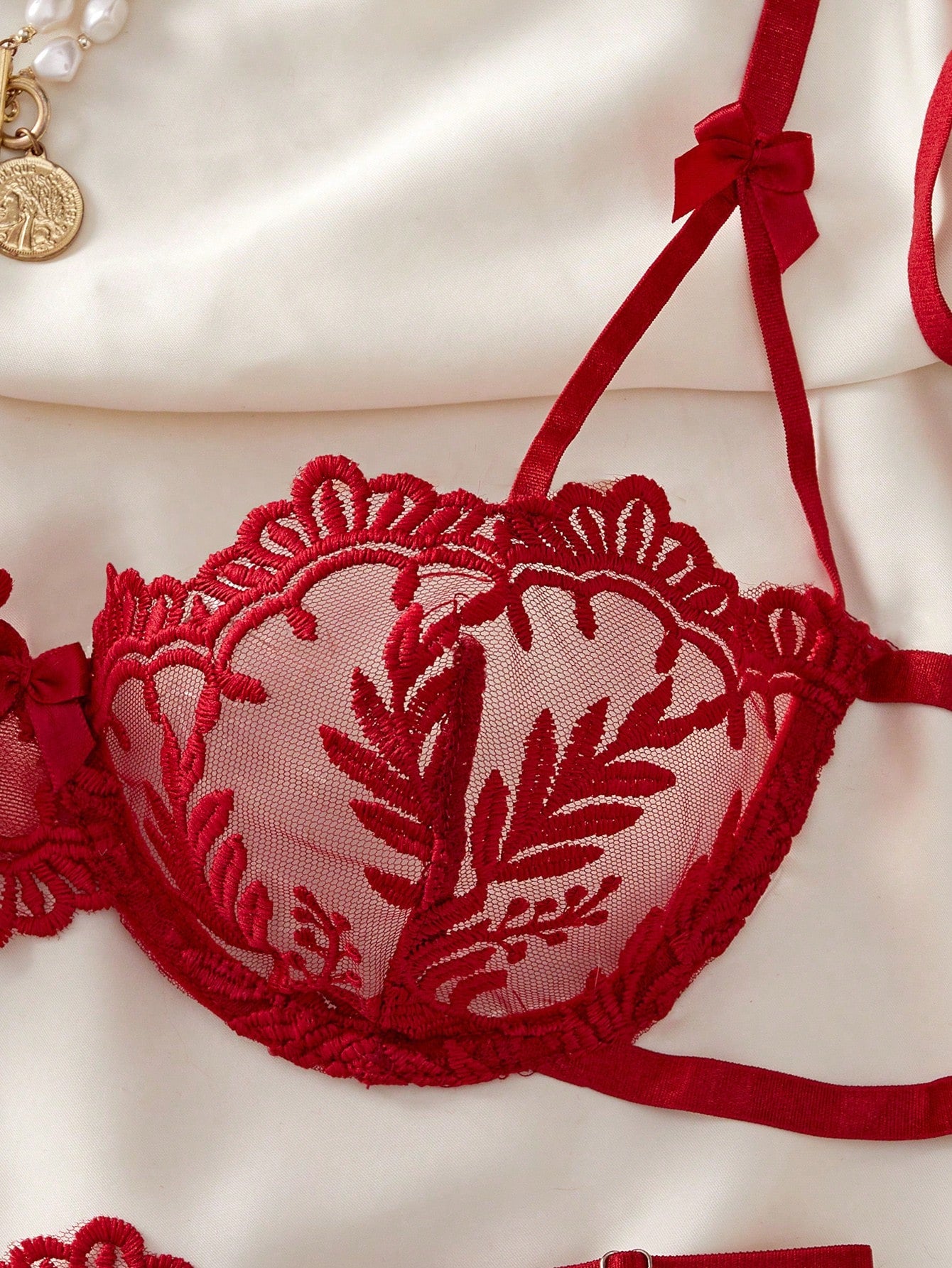 Kawaii 2pcs Women's Sexy Lingerie Set, Brown, Ultra-Thin Breathable Mesh, Floral Embroidery, Pure And Charming, Includes Bra And Thong Panty; Perfect For Valentine's Day Date