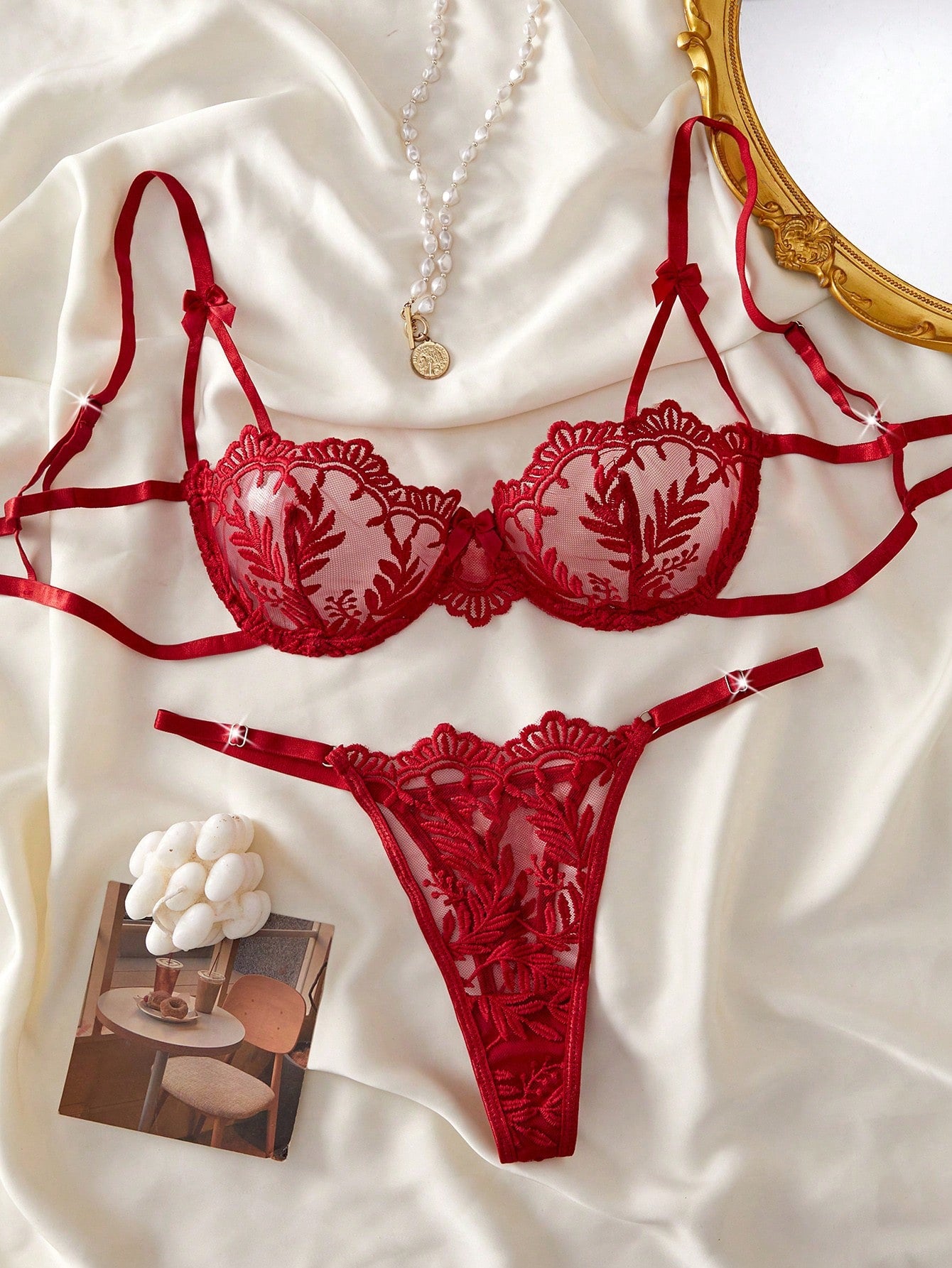 Kawaii 2pcs Women's Sexy Lingerie Set, Brown, Ultra-Thin Breathable Mesh, Floral Embroidery, Pure And Charming, Includes Bra And Thong Panty; Perfect For Valentine's Day Date