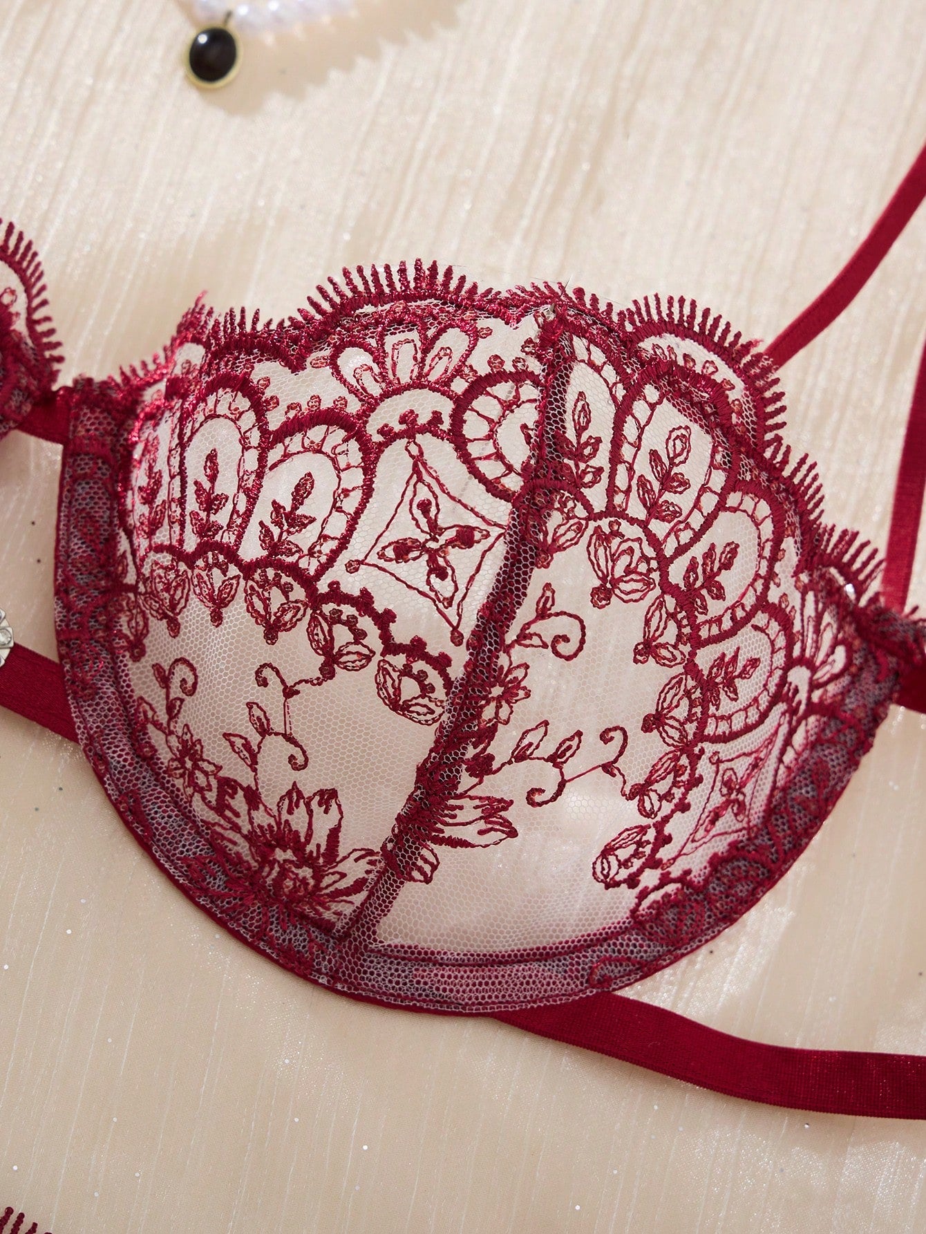 Goth EverydayBra 2pcs Women Embroidered Lace Lingerie Set, Sheer Heart-Shaped Bra And Bow Accent Panty, Comfortable Homewear Set