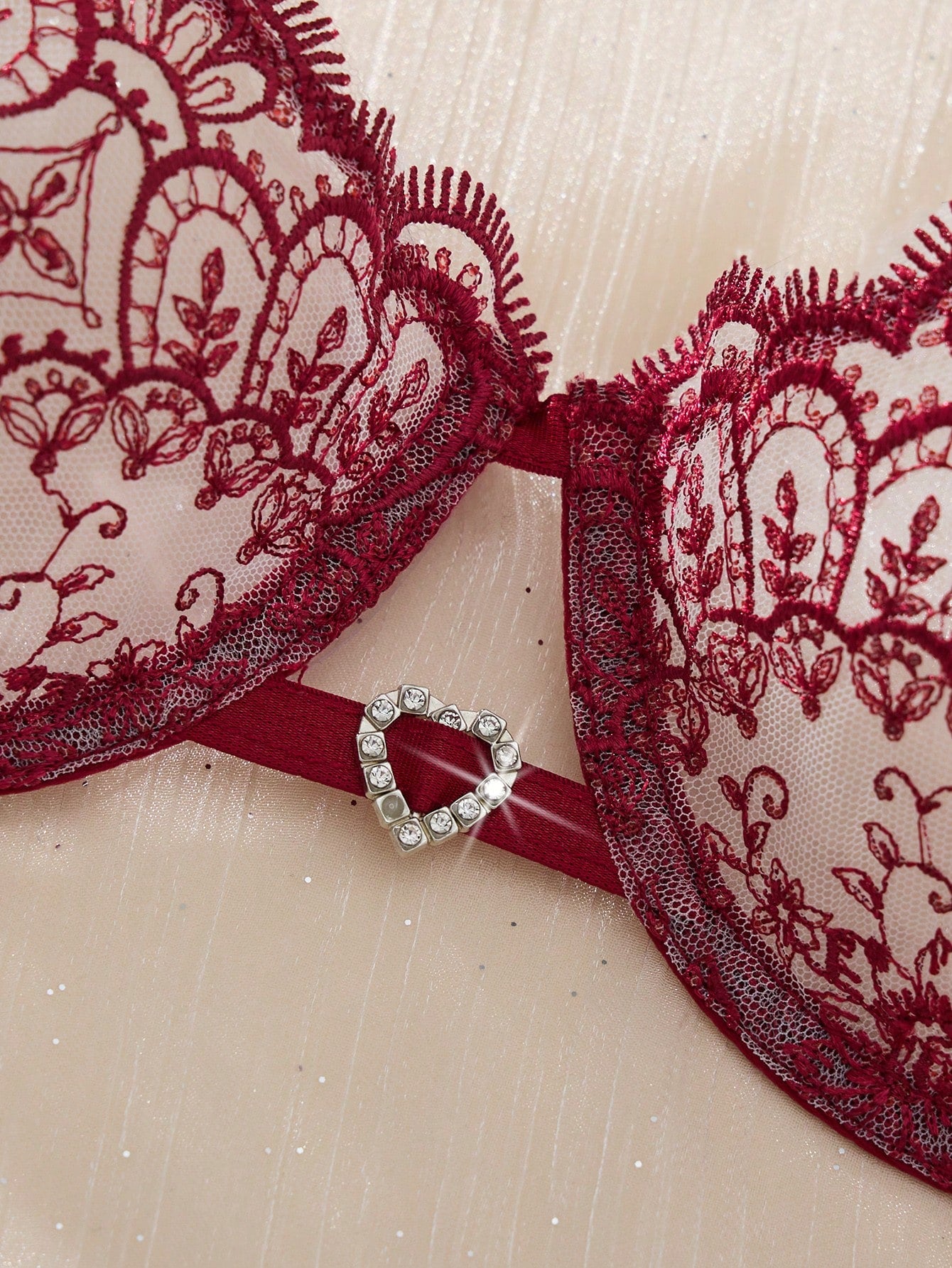 Goth EverydayBra 2pcs Women Embroidered Lace Lingerie Set, Sheer Heart-Shaped Bra And Bow Accent Panty, Comfortable Homewear Set