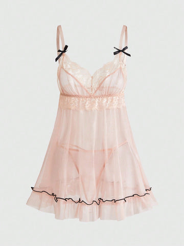 Kawaii Cute & Sexy Bow Lace Floral Camisole & G-String Lingerie Set For Women