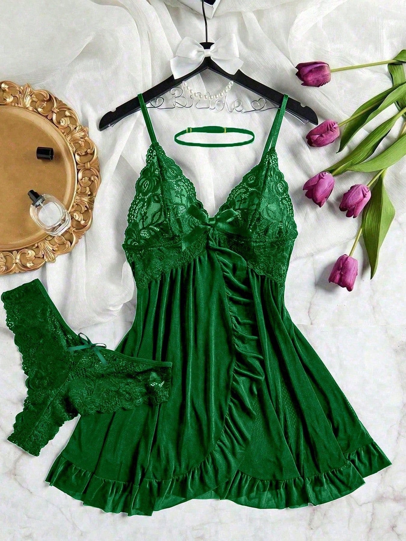 3pcs/Set Women Sexy Deep V Lace Lotus Lingerie Set, Versatile Sexy Sleepwear For Bedroom, Bathroom, Party