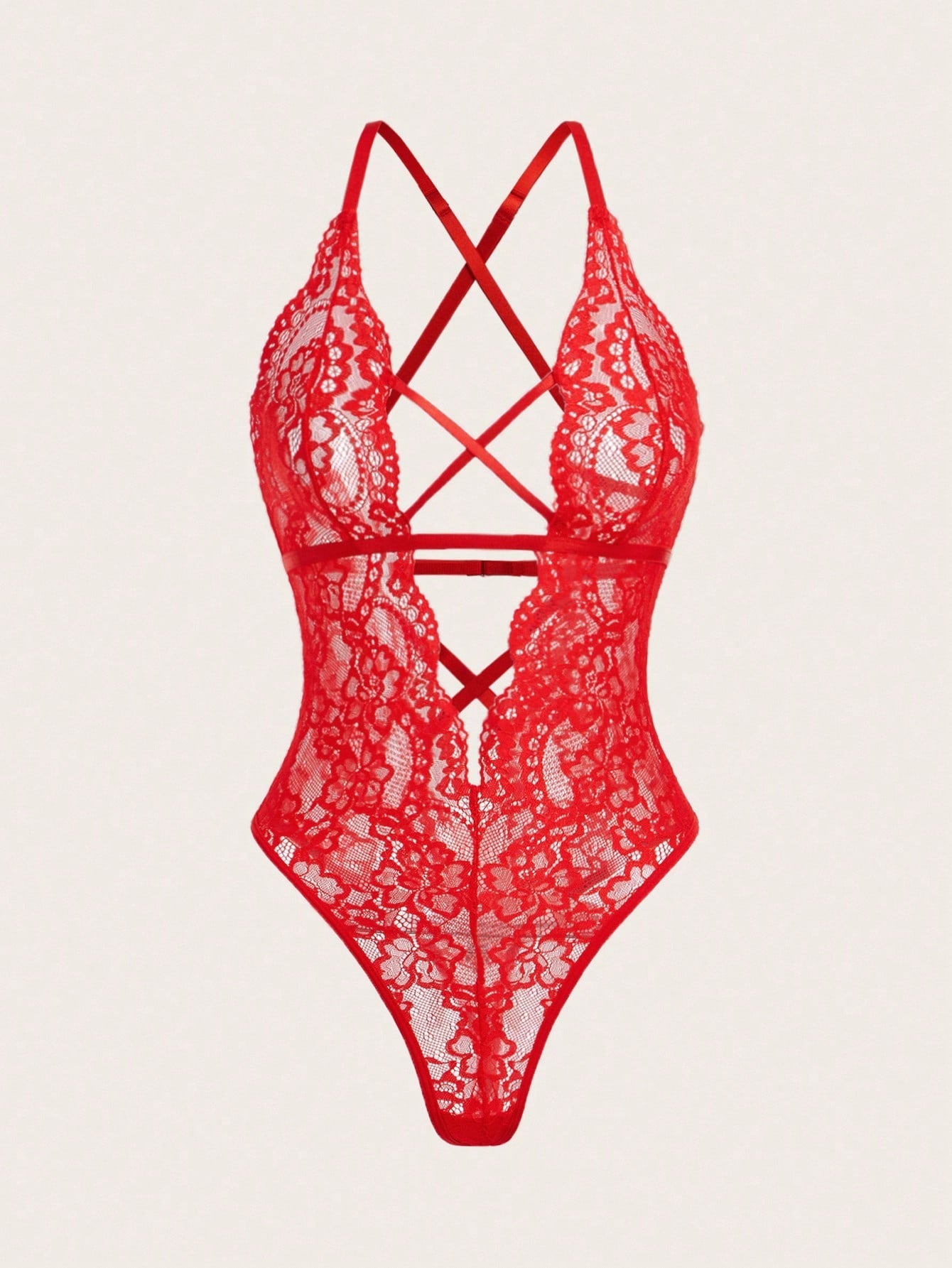 Women’s lace bodysuit featuring a criss-cross back, backless design, spaghetti straps, cut-out accents, and scalloped trim.