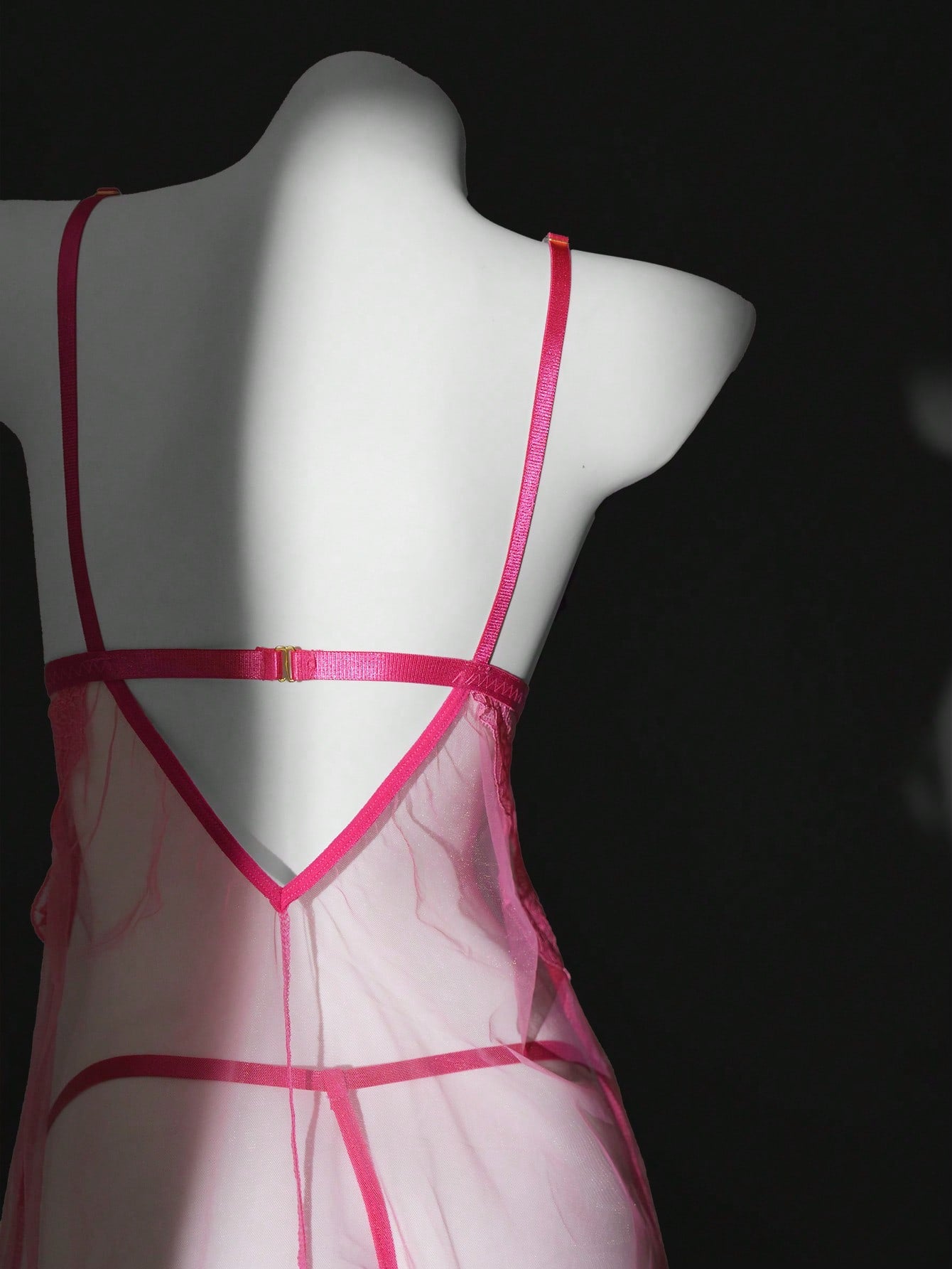 Women's 2-piece lace mesh lingerie set featuring a sheer, backless short nightgown with adjustable spaghetti straps and a matching low-rise thong (G-string); wireless triangle style, available in Black, Burgundy, and Multicolor.
