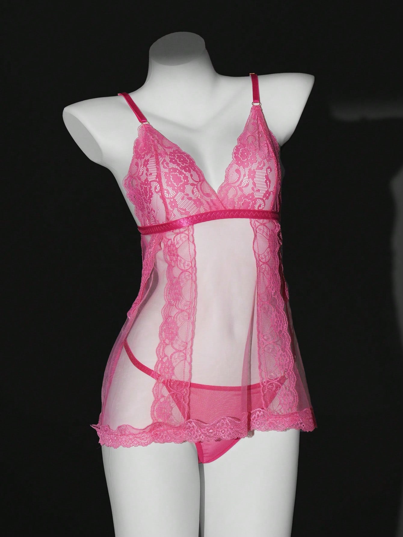 Women's 2-piece lace mesh lingerie set featuring a sheer, backless short nightgown with adjustable spaghetti straps and a matching low-rise thong (G-string); wireless triangle style, available in Black, Burgundy, and Multicolor.