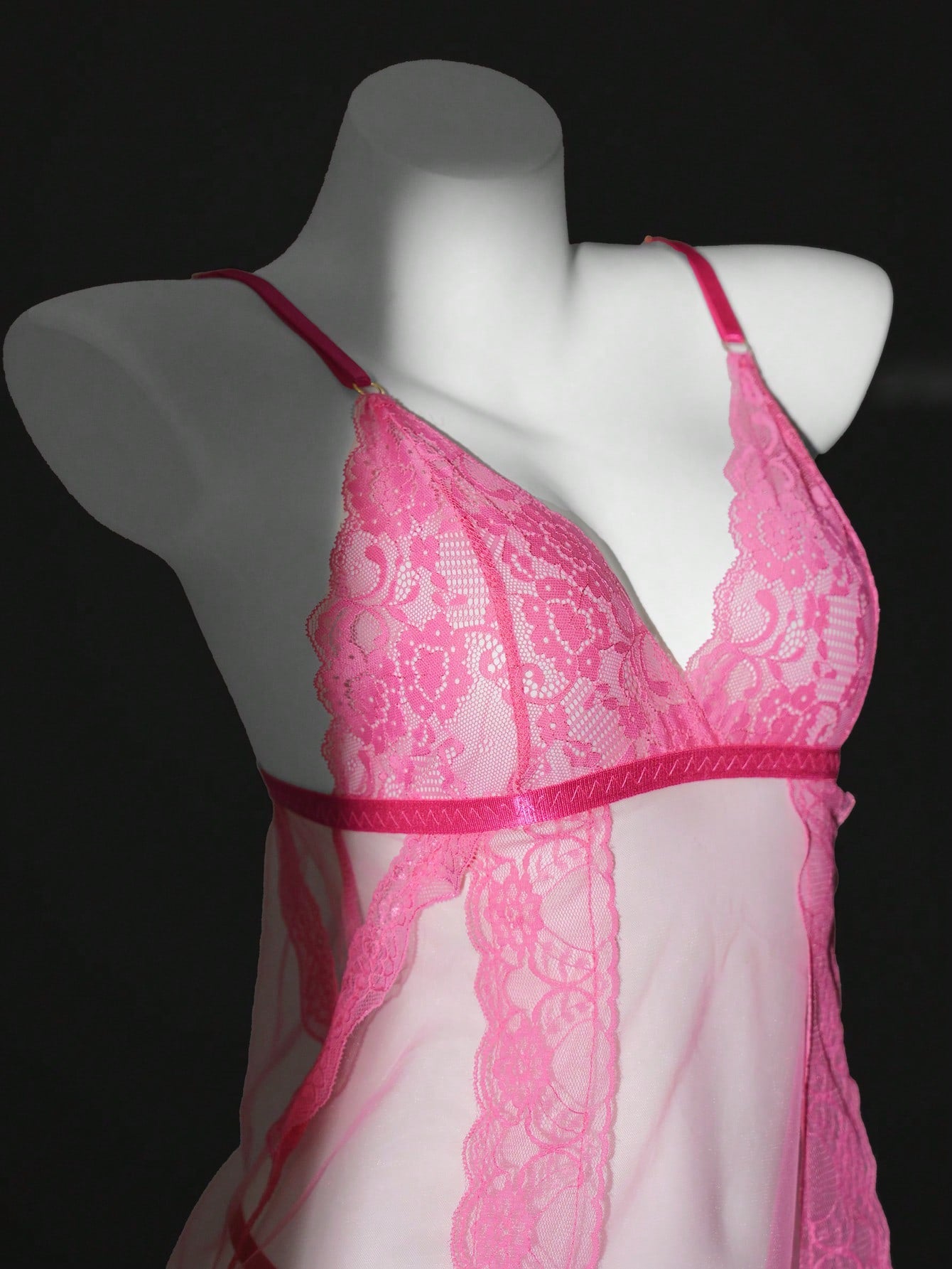Women's 2-piece lace mesh lingerie set featuring a sheer, backless short nightgown with adjustable spaghetti straps and a matching low-rise thong (G-string); wireless triangle style, available in Black, Burgundy, and Multicolor.