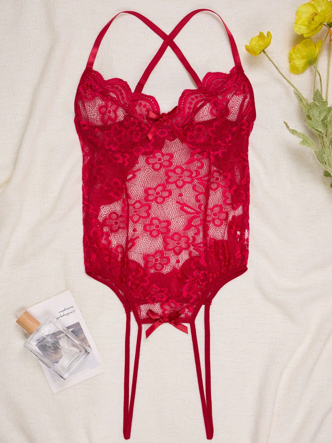 1-piece women’s tight-fitting sheer lace bodysuit lingerie with contrast lace, V-neck, adjustable straps, underwire half-cup bralette design, high-rise thong cut, and open crotch detail.