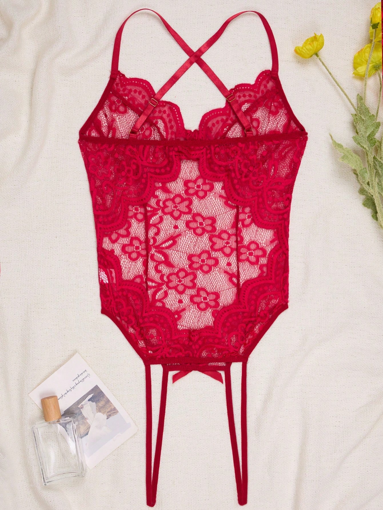 1-piece women’s tight-fitting sheer lace bodysuit lingerie with contrast lace, V-neck, adjustable straps, underwire half-cup bralette design, high-rise thong cut, and open crotch detail.