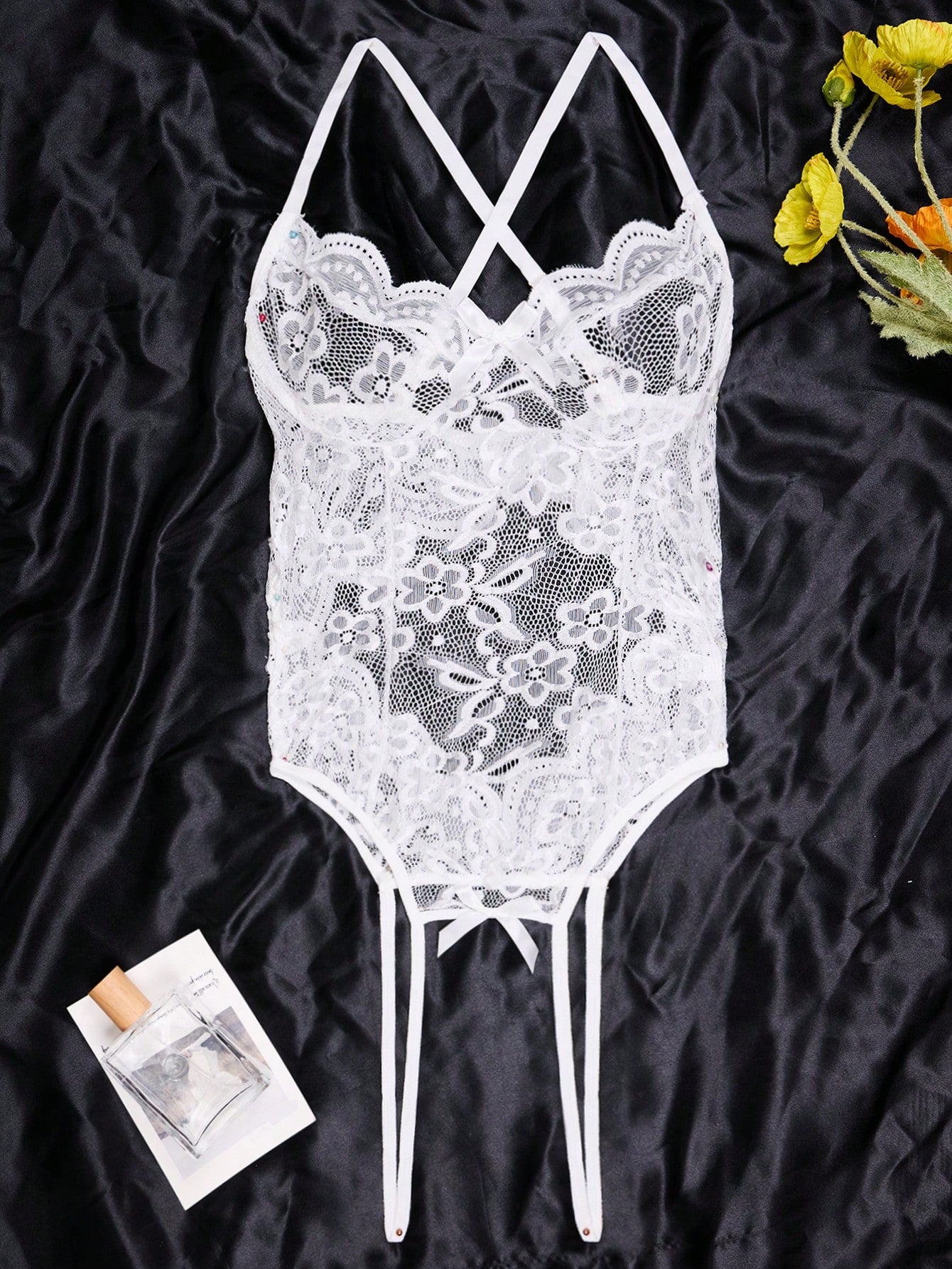 1-piece women’s tight-fitting sheer lace bodysuit lingerie with contrast lace, V-neck, adjustable straps, underwire half-cup bralette design, high-rise thong cut, and open crotch detail.