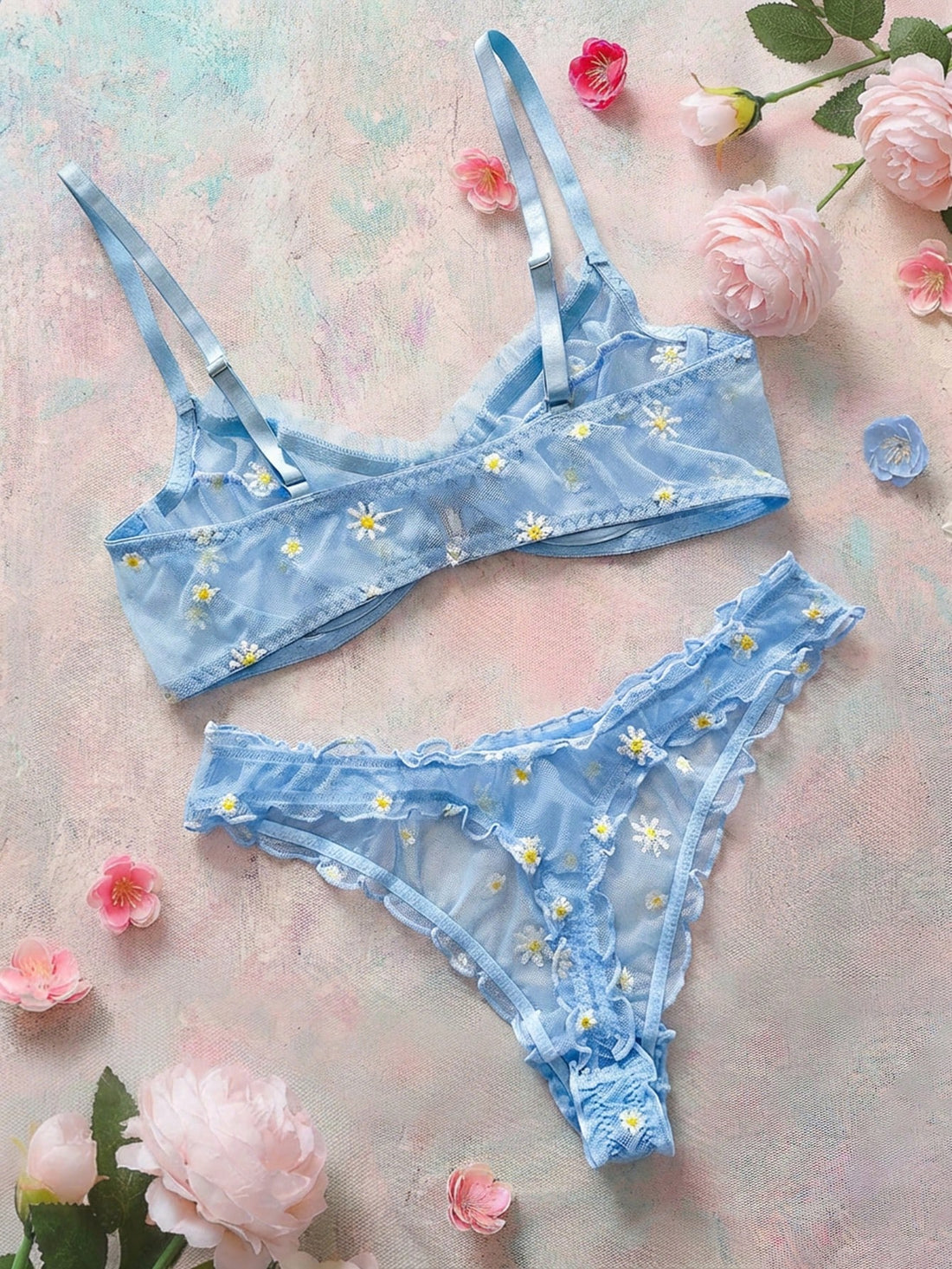 2pcs Plus Size Romantic Embroidery Wire Bra Lingerie Set, Lift