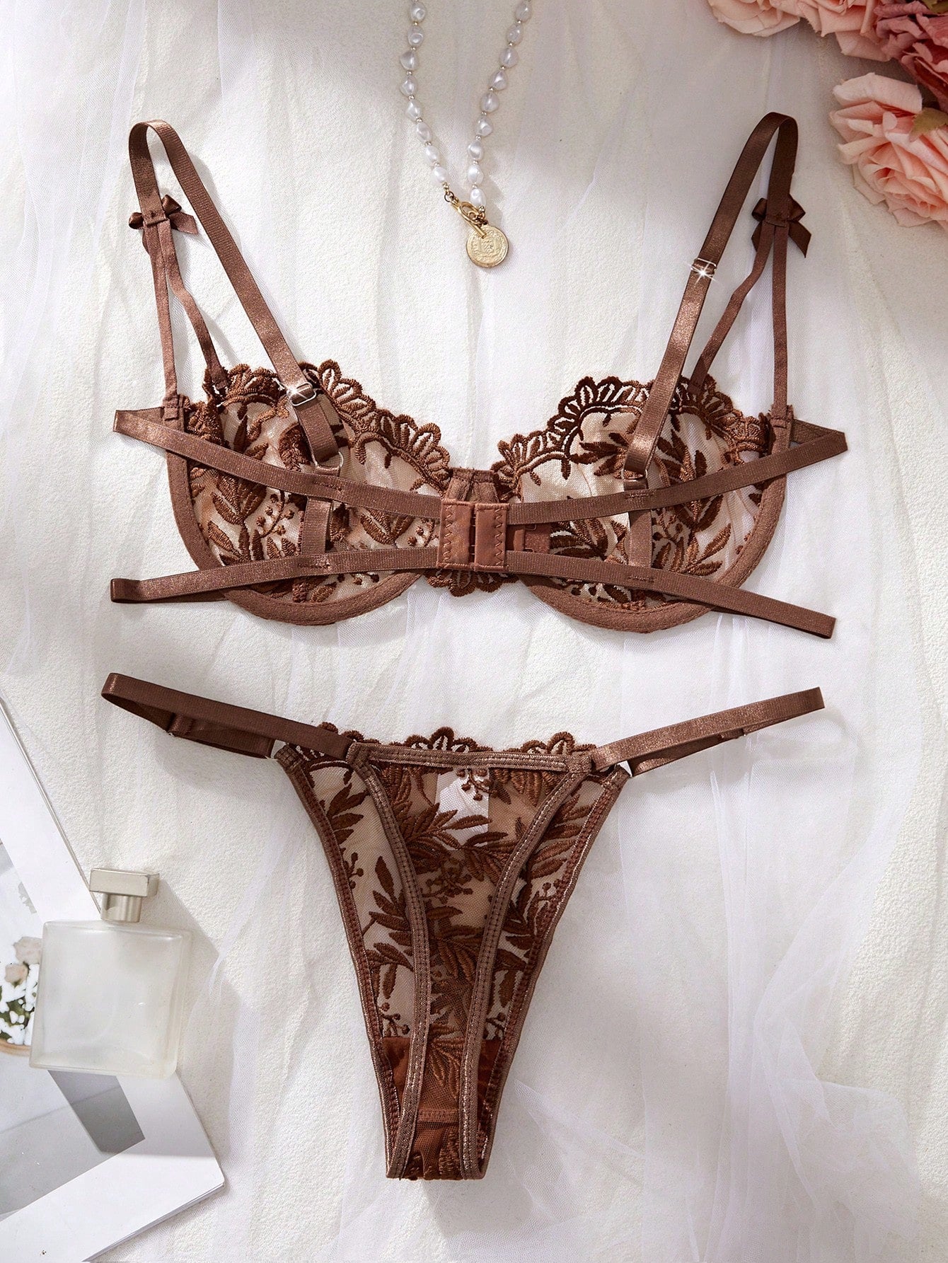 Kawaii 2pcs Women's Sexy Lingerie Set, Brown, Ultra-Thin Breathable Mesh, Floral Embroidery, Pure And Charming, Includes Bra And Thong Panty; Perfect For Valentine's Day Date