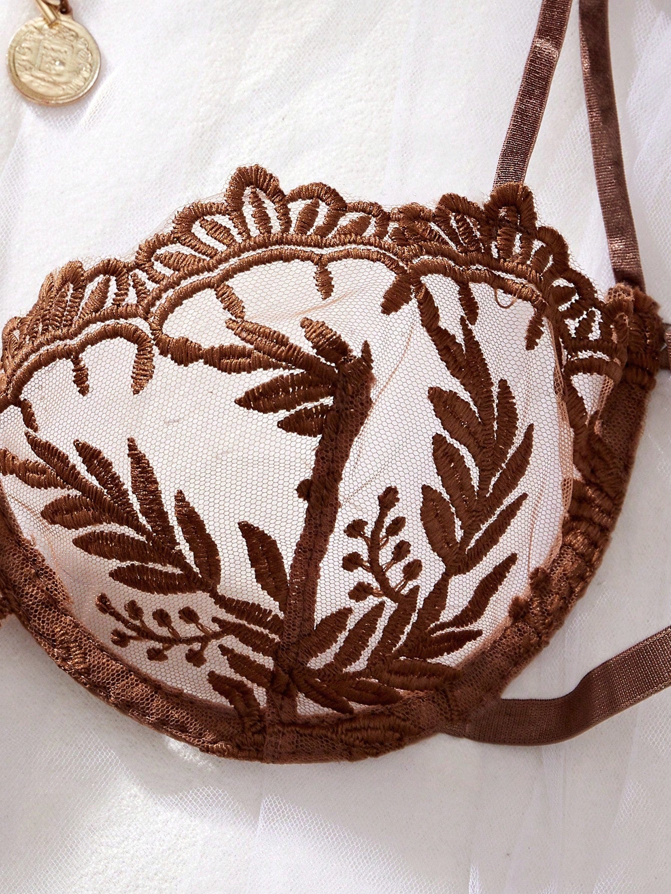 Kawaii 2pcs Women's Sexy Lingerie Set, Brown, Ultra-Thin Breathable Mesh, Floral Embroidery, Pure And Charming, Includes Bra And Thong Panty; Perfect For Valentine's Day Date