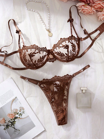 Kawaii 2pcs Women's Sexy Lingerie Set, Brown, Ultra-Thin Breathable Mesh, Floral Embroidery, Pure And Charming, Includes Bra And Thong Panty; Perfect For Valentine's Day Date