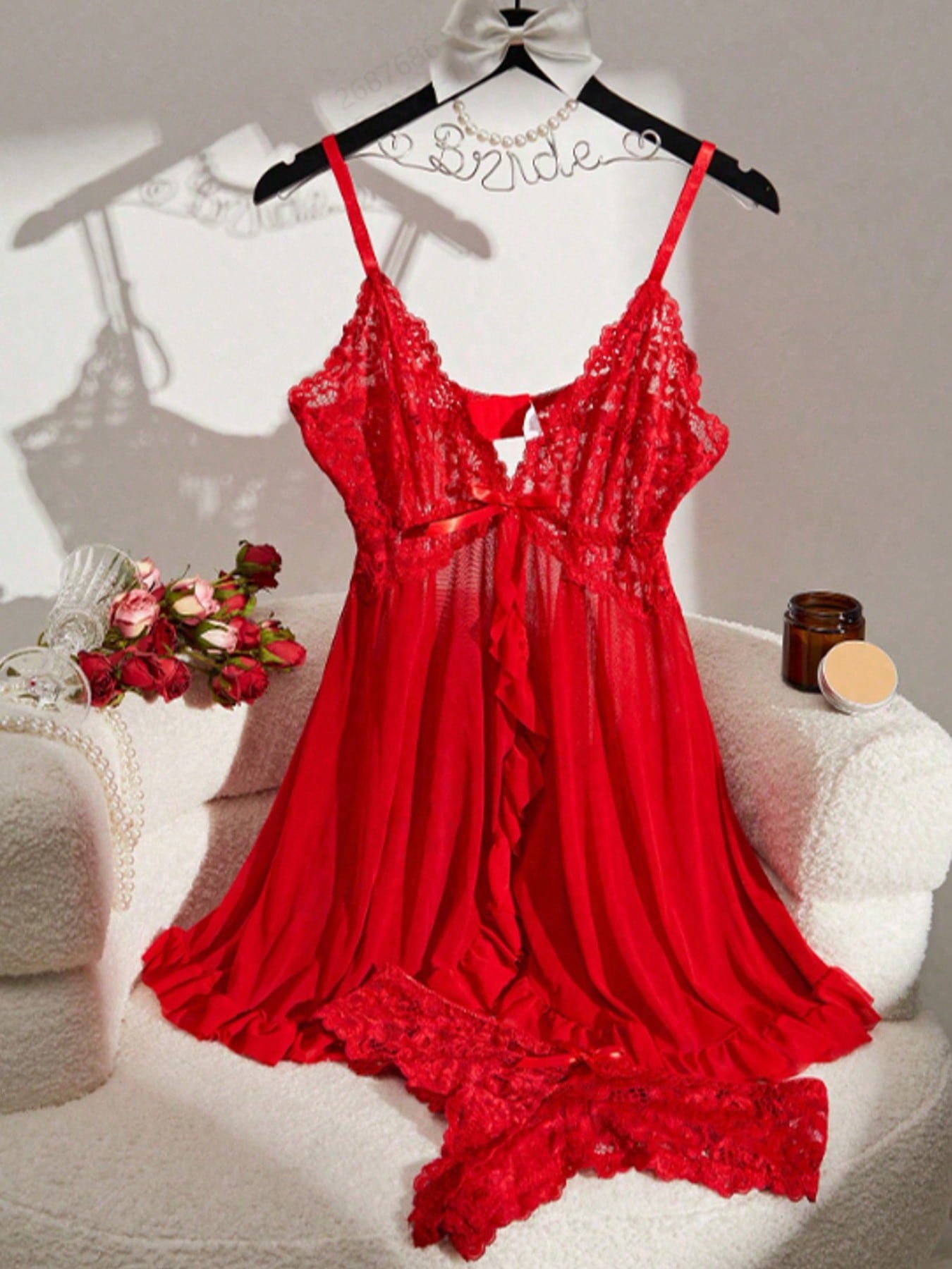 Women's 2-piece sexy lingerie set featuring a deep V sheer contrast lace babydoll bra with adjustable spaghetti straps and matching low-rise briefs; wireless plunge style with short sleeveless romantic design.