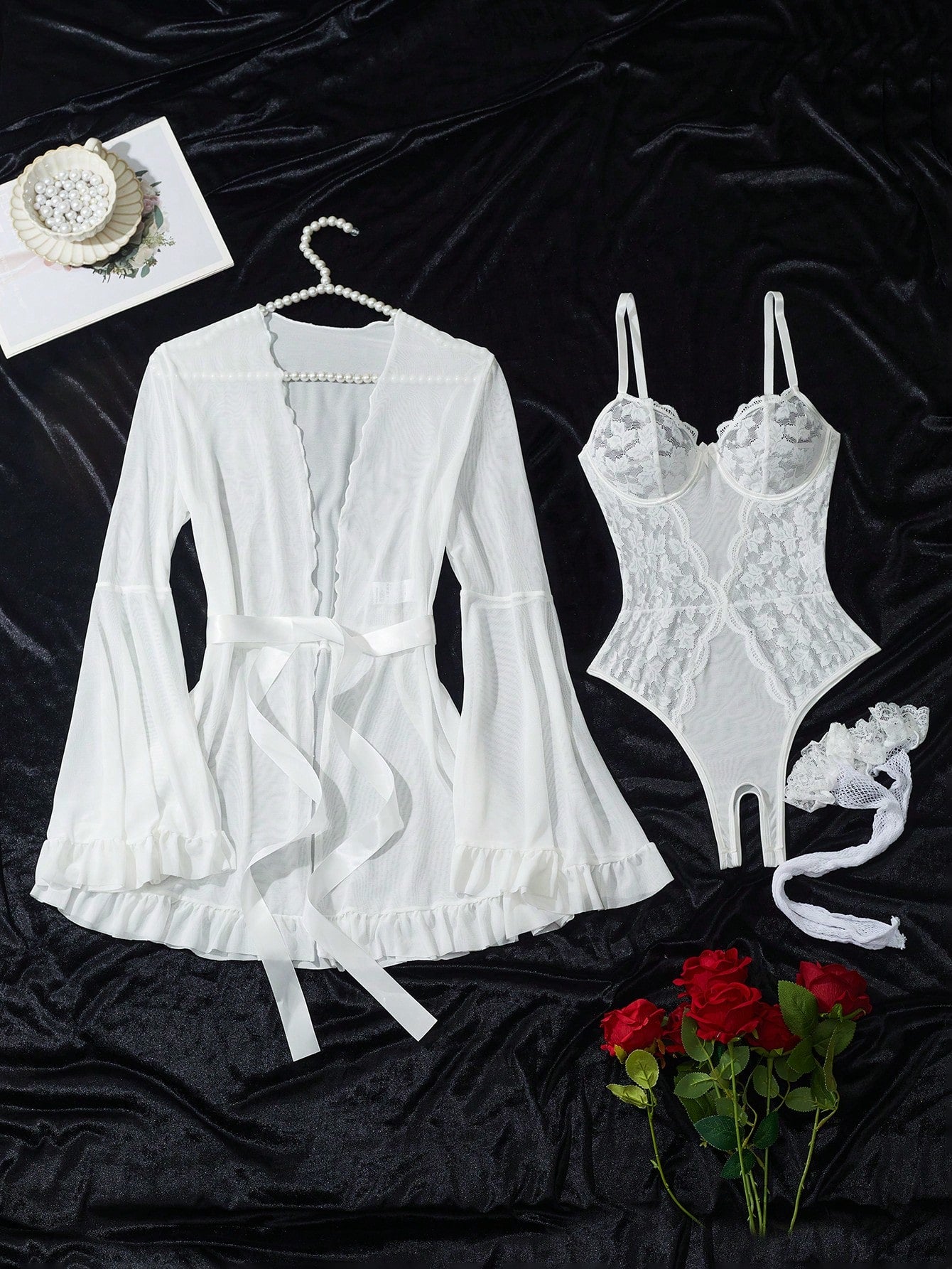 Women’s 5-piece sexy lingerie set featuring a plain slit mesh bodysuit with adjustable spaghetti straps and underwire, a long-sleeve midi robe with ruffle hem and split detail, matching belt, and two pairs of socks.
