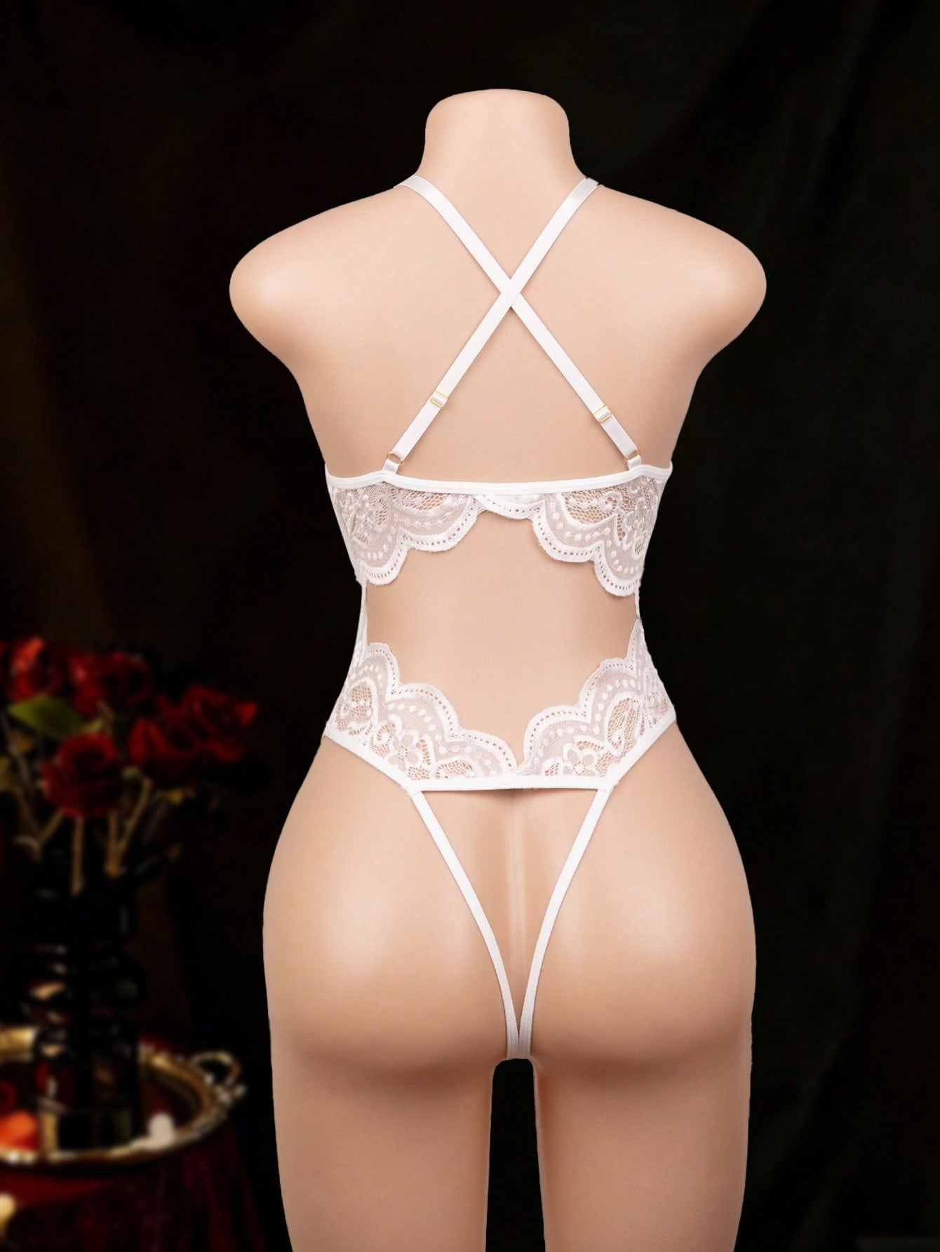 1-piece women’s tight-fitting sheer lace bodysuit lingerie with contrast lace, V-neck, adjustable straps, underwire half-cup bralette design, high-rise thong cut, and open crotch detail.