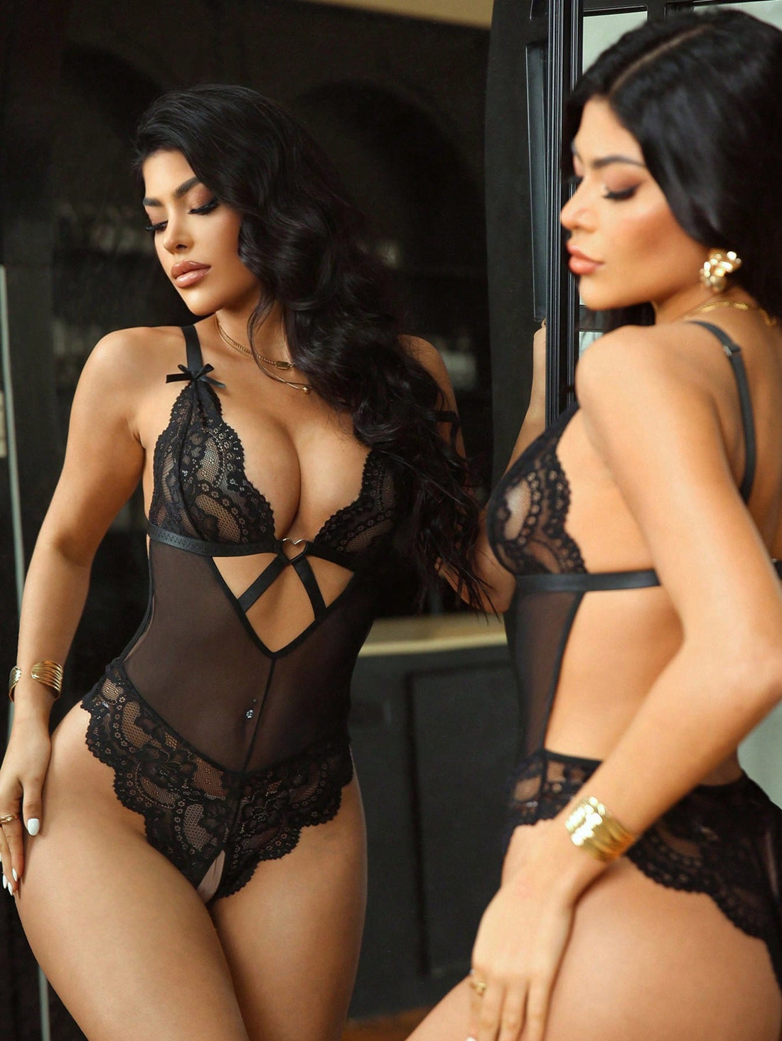 Women’s one-piece lace bodysuit with patchwork design, criss-cross detail, cut-out accents, spaghetti straps, and a semi-sheer look.