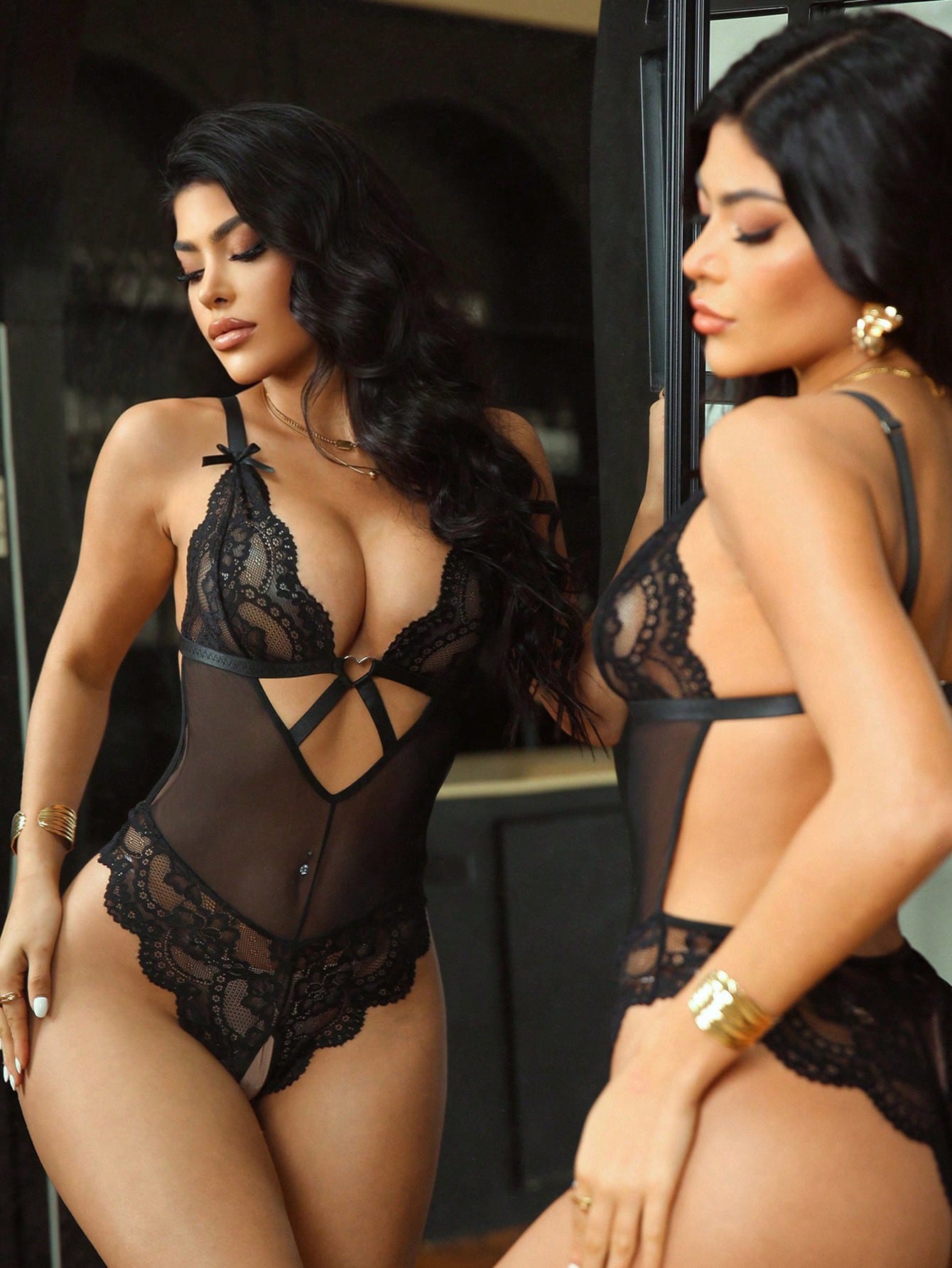 Women’s one-piece lace bodysuit with patchwork design, criss-cross detail, cut-out accents, spaghetti straps, and a semi-sheer look.