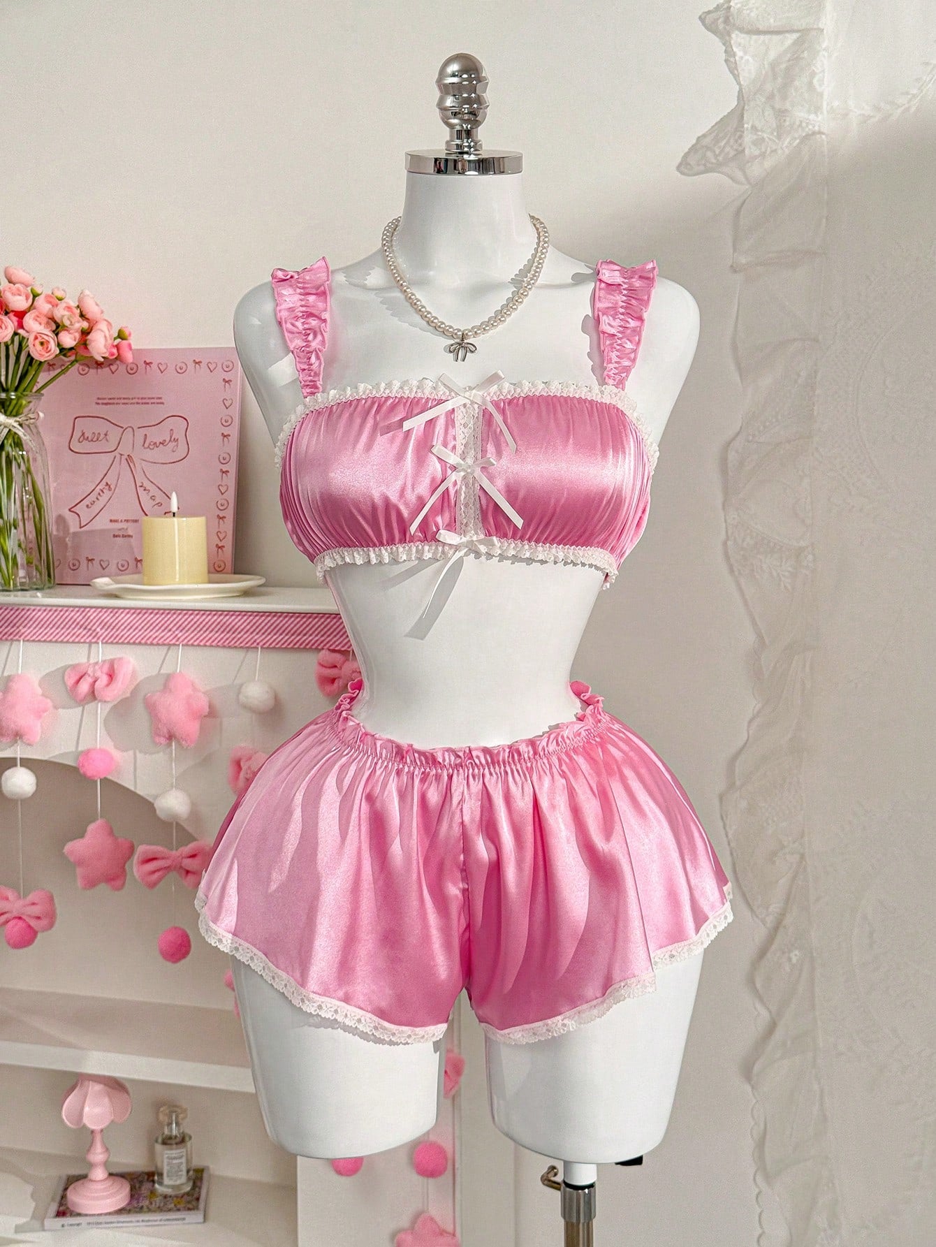 2pcs/Set Lace Patchwork Bow Sexy Lingerie Set For Women, Valentine's Day