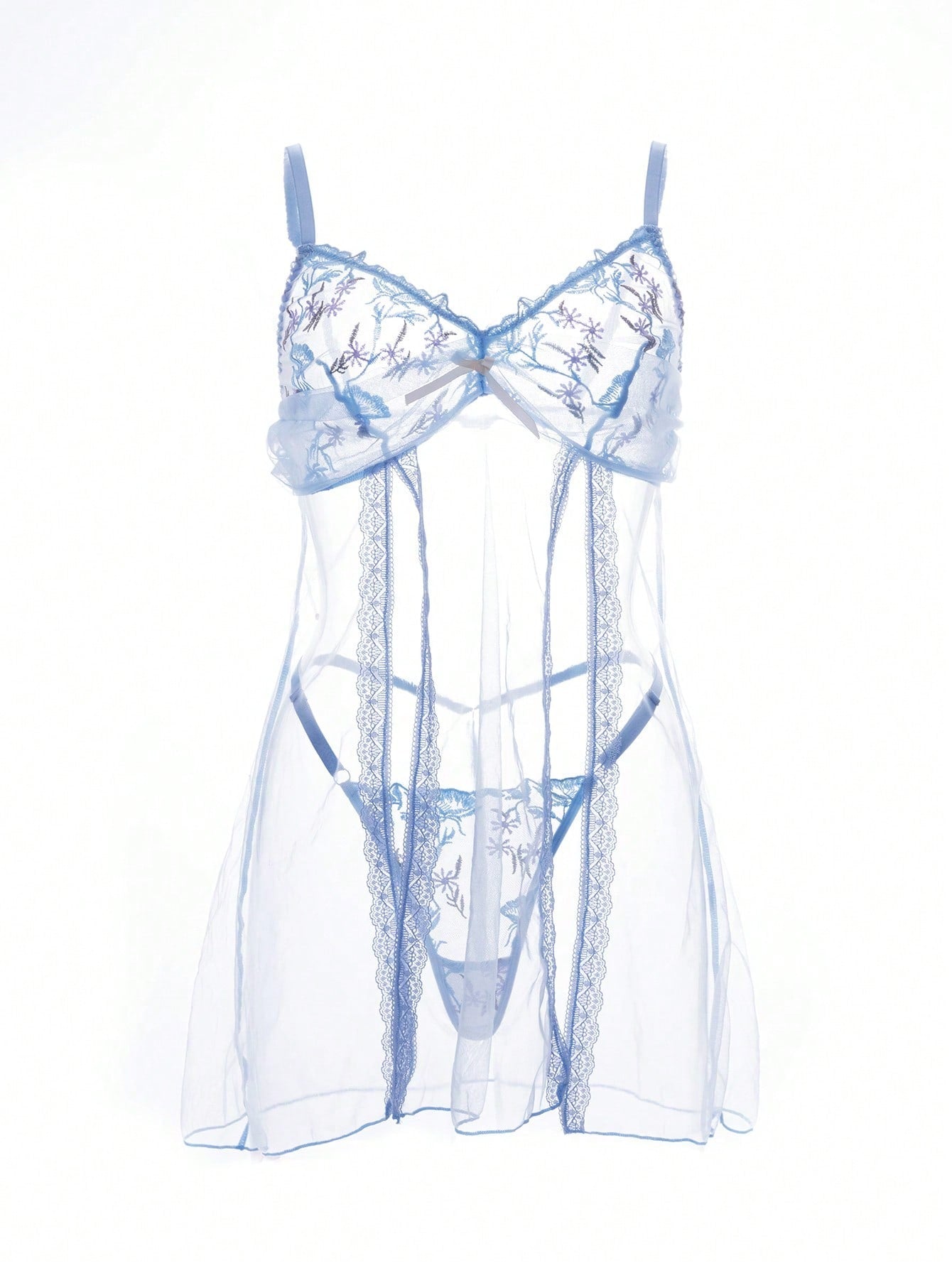 Baby blue 2-piece women’s lingerie set featuring a sheer embroidered camisole-style nightgown with adjustable spaghetti straps and a matching low-rise thong panty.