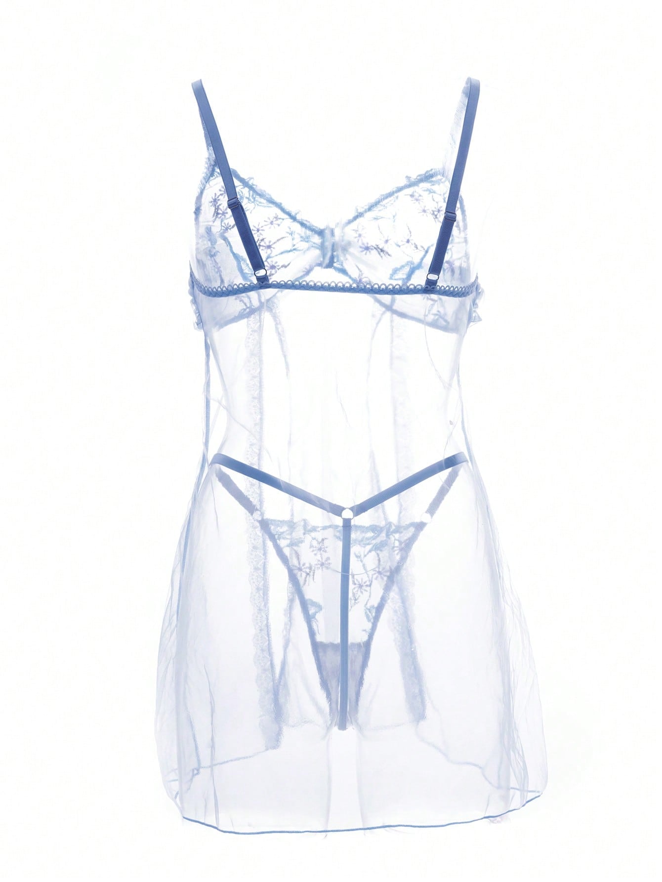 Baby blue 2-piece women’s lingerie set featuring a sheer embroidered camisole-style nightgown with adjustable spaghetti straps and a matching low-rise thong panty.