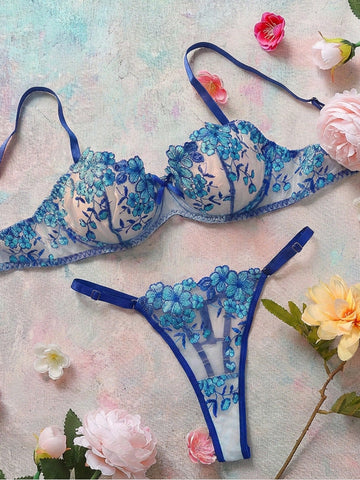 Women's Floral Embroidery Bra & Panty Underwear Lingerie Set