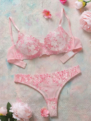 2 Pieces Romantic Pink Women Underwire Bra And Panty Set, Sexy Lingerie