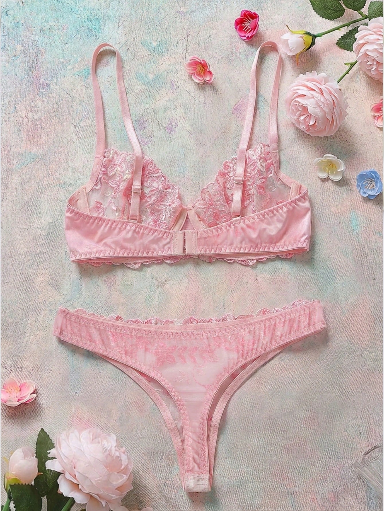 2 Pieces Romantic Pink Women Underwire Bra And Panty Set, Sexy Lingerie