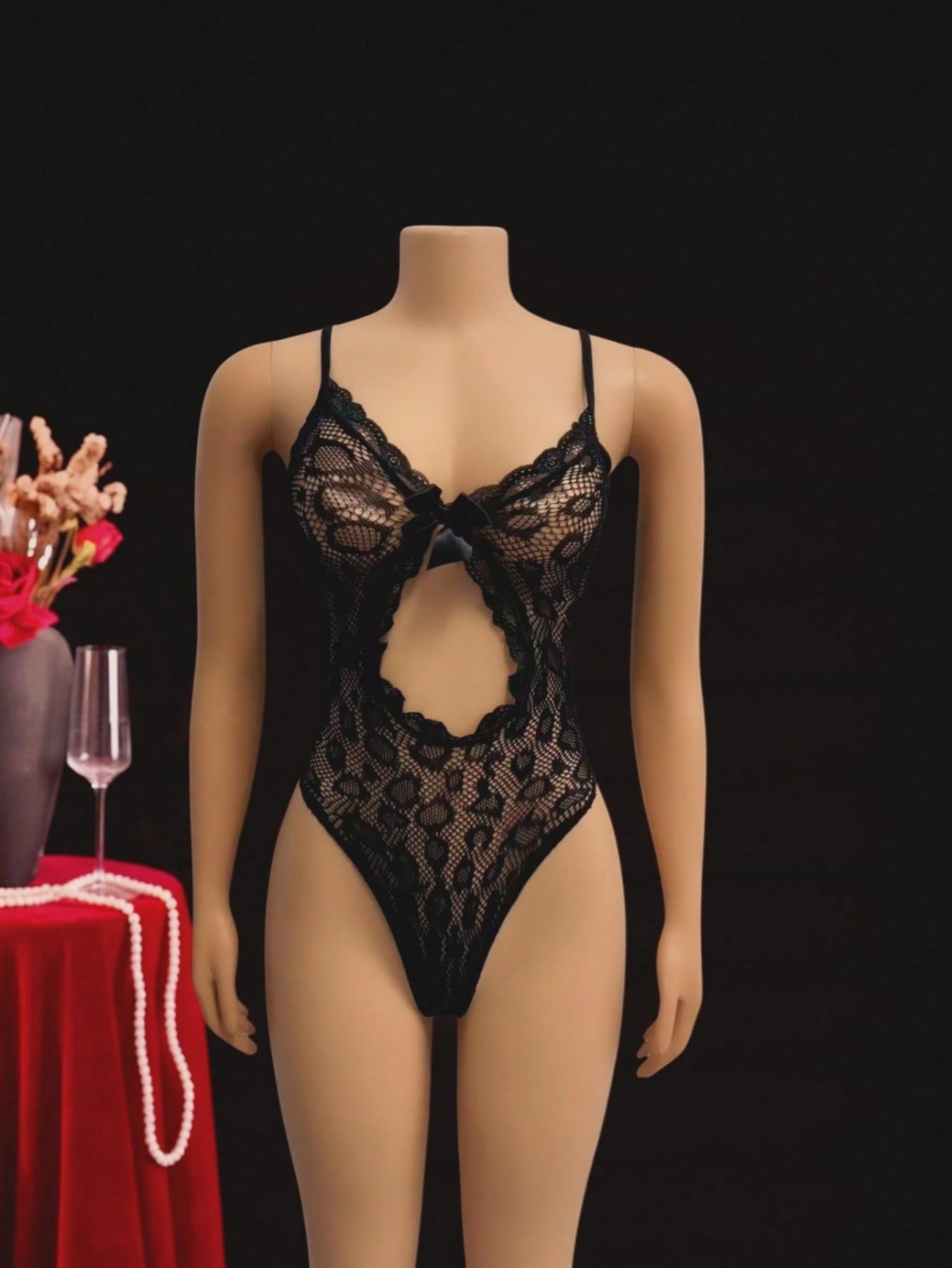 1pc Women's Sexy Leopard Print Hollow Fishnet Chest Hollow Camisole Jumpsuit