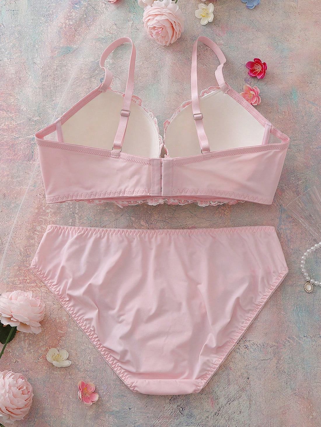 2pcs Embroidered Floral 3/4 Cup Underwire Padded Push-Up Comfy Balconette Bra Set, Cute, Fresh, Romantic, Open Back, Bow Decor, Plus Size Lingerie Set