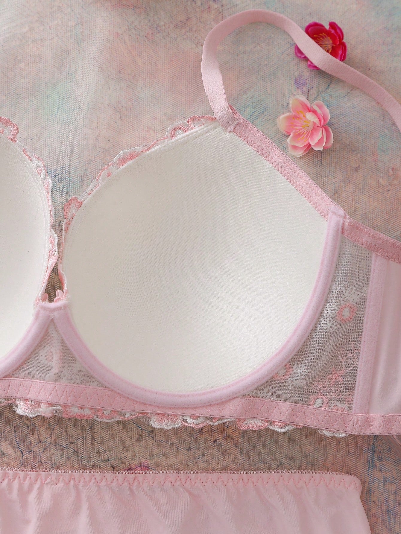 2pcs Embroidered Floral 3/4 Cup Underwire Padded Push-Up Comfy Balconette Bra Set, Cute, Fresh, Romantic, Open Back, Bow Decor, Plus Size Lingerie Set