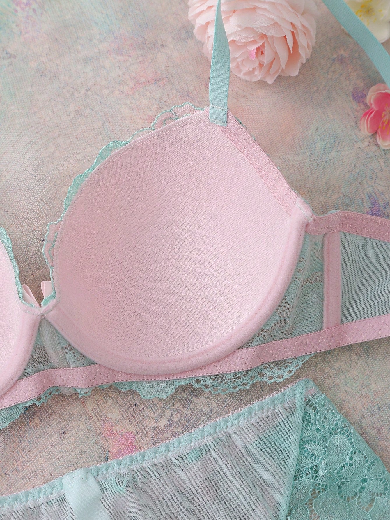 2pcs Mint Green Underwire Bra Set, High Support, Lift & Cleavage, Floral Embroidery, Push-Up Comfy Balconette Bra Lingerie Set