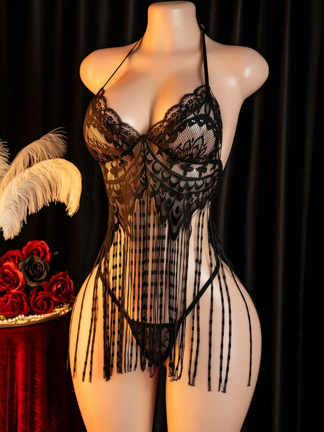 Sexy Lingerie, Sheer Lace Nightgown, 2 Pieces Set: Dress + G-String, Women's Dress And Sexy Lingerie Set