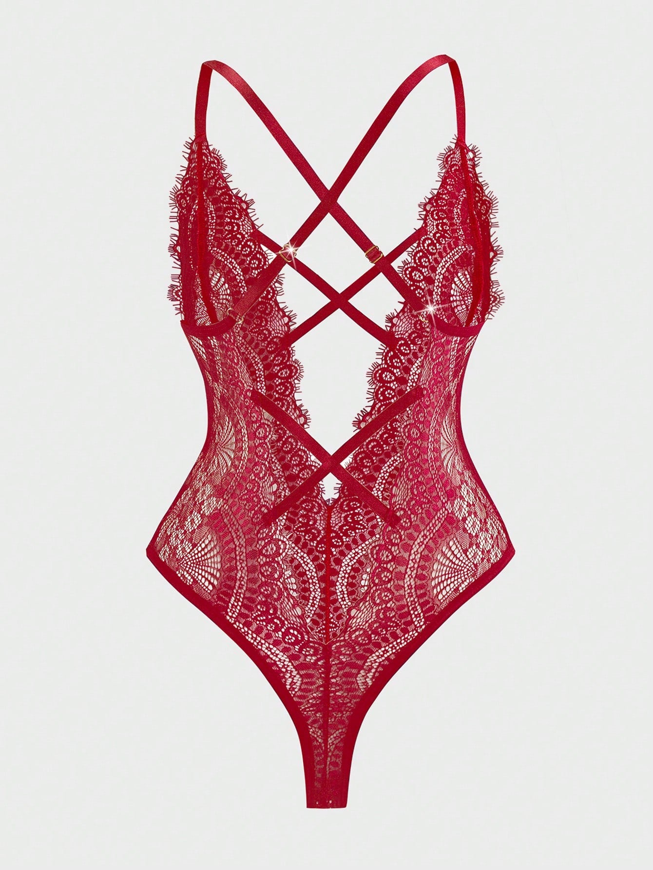 Burgundy eyelash lace lingerie jumpsuit with a semi-sheer design, deep V neckline, adjustable straps, sleeveless cut, and cross-back detail.
