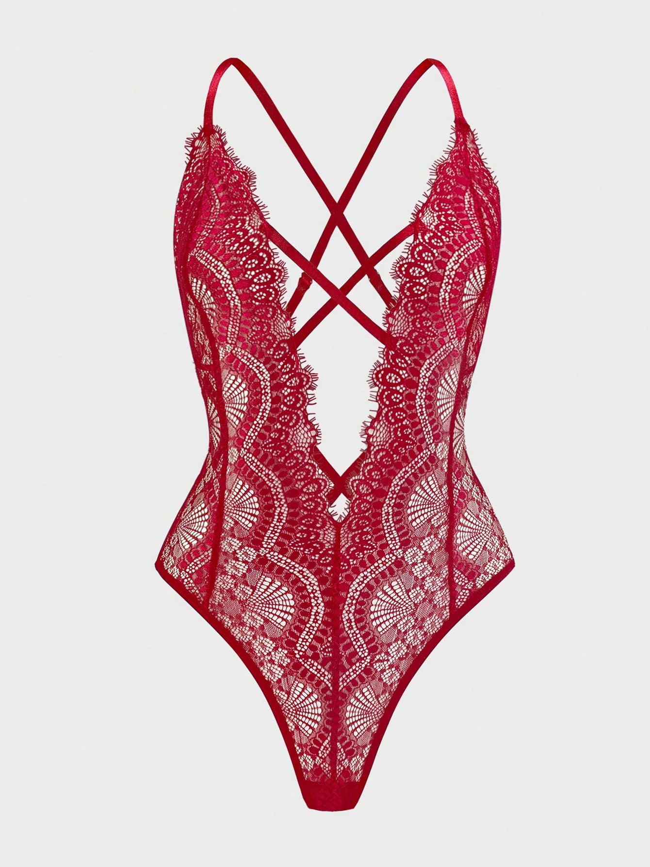 Burgundy eyelash lace lingerie jumpsuit with a semi-sheer design, deep V neckline, adjustable straps, sleeveless cut, and cross-back detail.