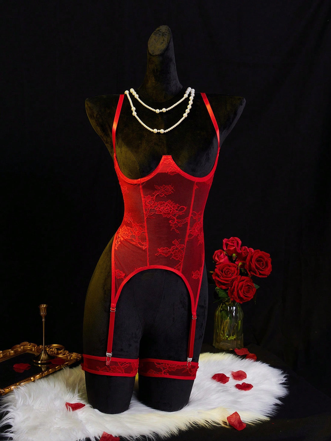 Women’s red semi-sheer lingerie set with contrast lace patchwork and hollow-out details, featuring adjustable spaghetti straps, an underwire longline bra style top, and a low-rise V-string bottom.