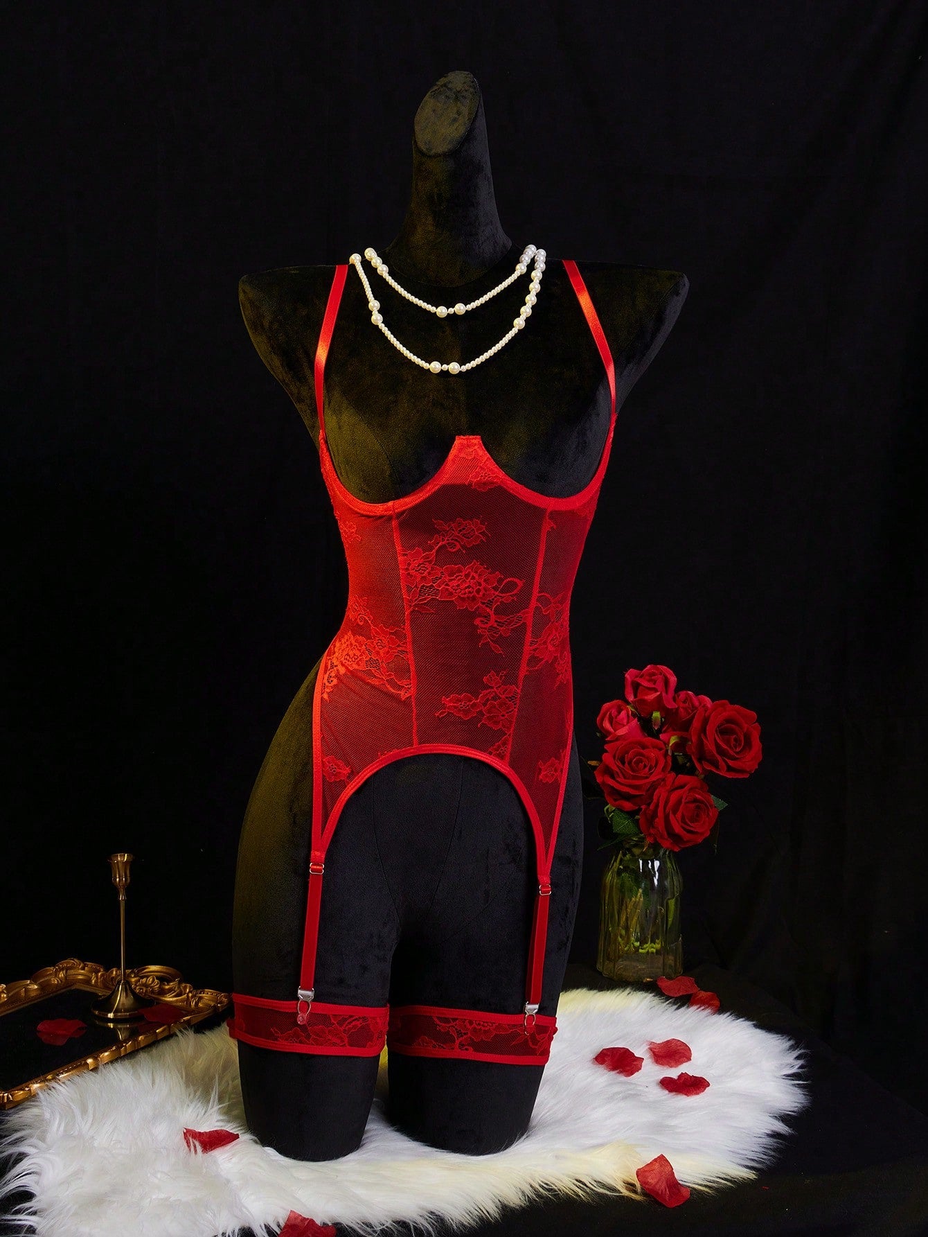 Women’s red semi-sheer lingerie set with contrast lace patchwork and hollow-out details, featuring adjustable spaghetti straps, an underwire longline bra style top, and a low-rise V-string bottom.
